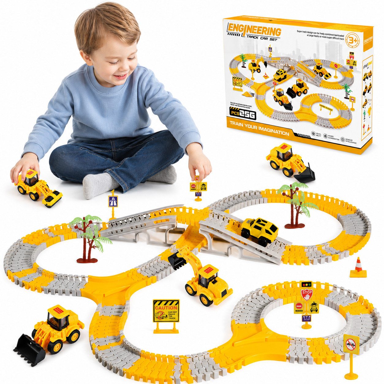 Wootoy Autorennbahn 256-teiliges Baustellen-Rennstrecken-Set mit 5 Spielzeugautos, (Y-Weichen Brücken Verkehrsschilder und Bäume, 256-tlg., 4 Baufahrzeuge mit beweglichen Arbeitsarmen), Spielset mit Streckenelementen für kleine Fahrzeug- und Baustellenfans