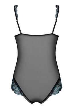 Obsessive Body Amanta Body transparent mit blauer Spitze - schwarz (1-tlg) mit offenem Schritt