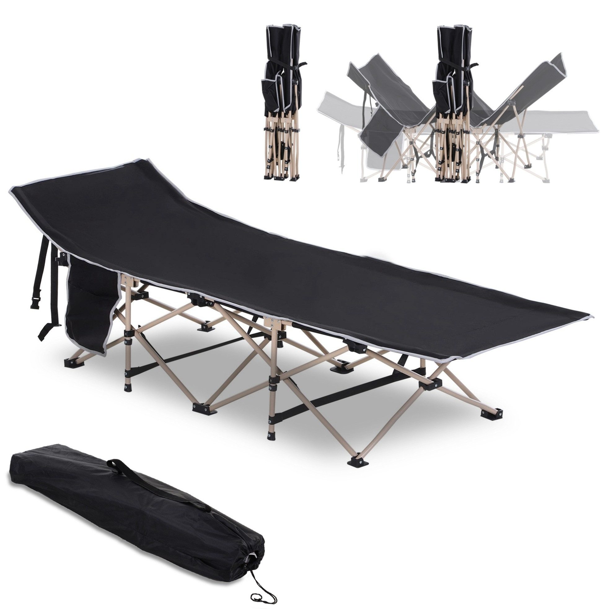 OKWISH Feldbett klappbar 190x68x52 cm Schwarz Campingbett mit Tasche (Packung, 1-St., Outdoor Reisebett für Camping & Aktivitäten, stabile Konstruktion) Faltbares Campingbett aus Oxford Stoff, leicht & tragbar