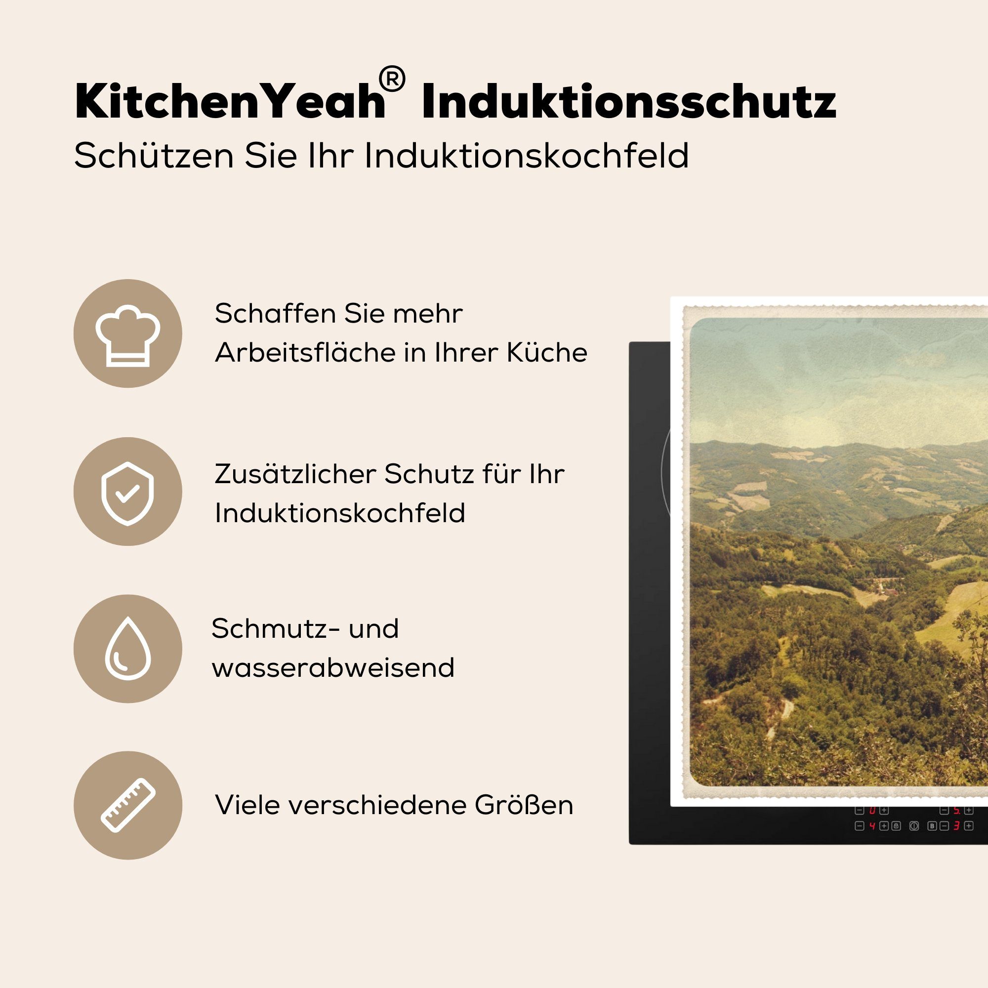 MuchoWow Herdblende-/Abdeckplatte Ceranfeldabdeckung - die 81x52 tlg), cm, Vinyl, Vintage Schutz Landschaft - (1 küche, Induktionskochfeld Italien, für