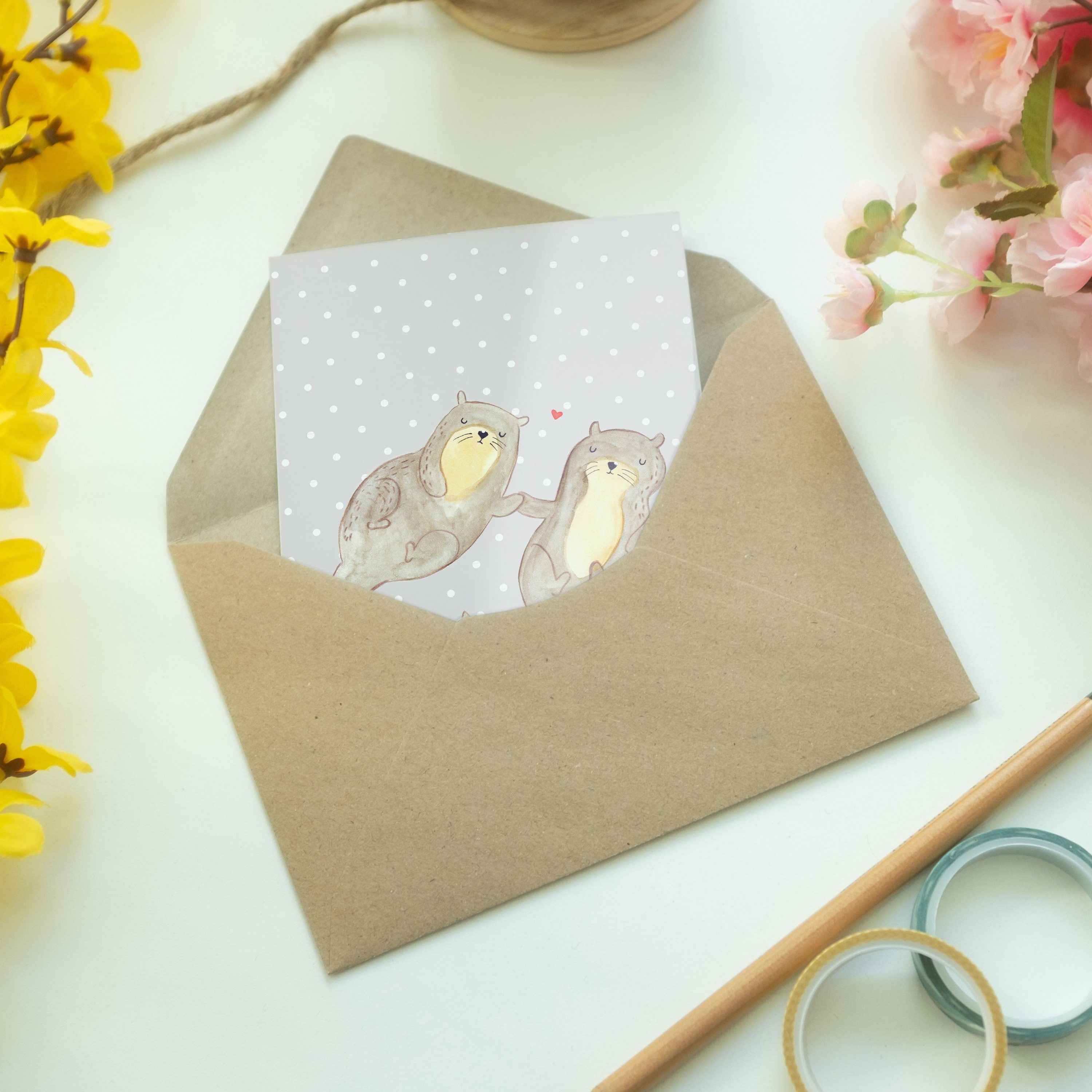 Mr. & Mrs. Panda Seeotter, Grußkarte Geschenk, händchenhaltend - Pastell Otter Grau Einladungs 
