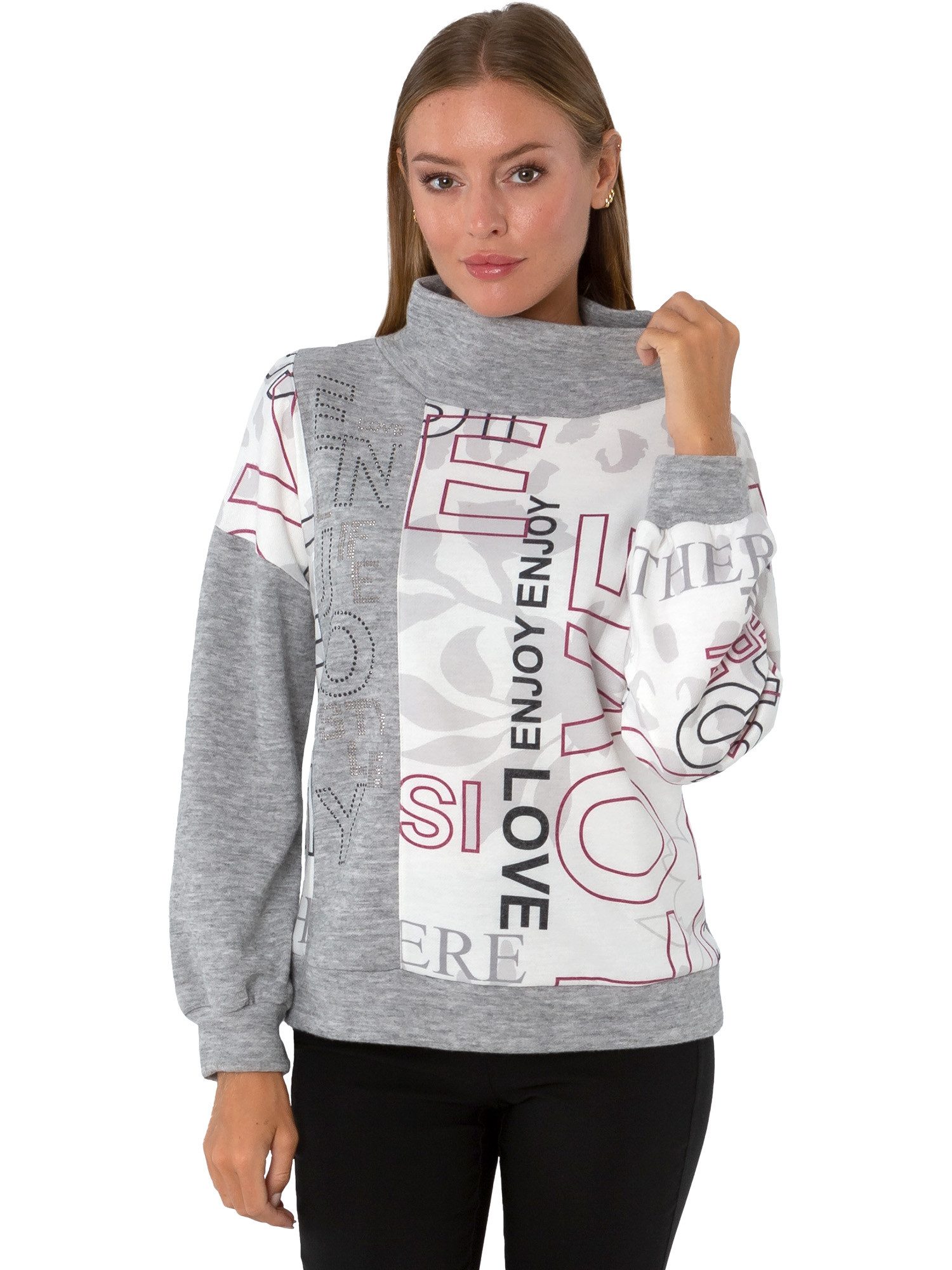 Stehkragenpullover 193-7653, "love enjoy" mit Strassbesatz