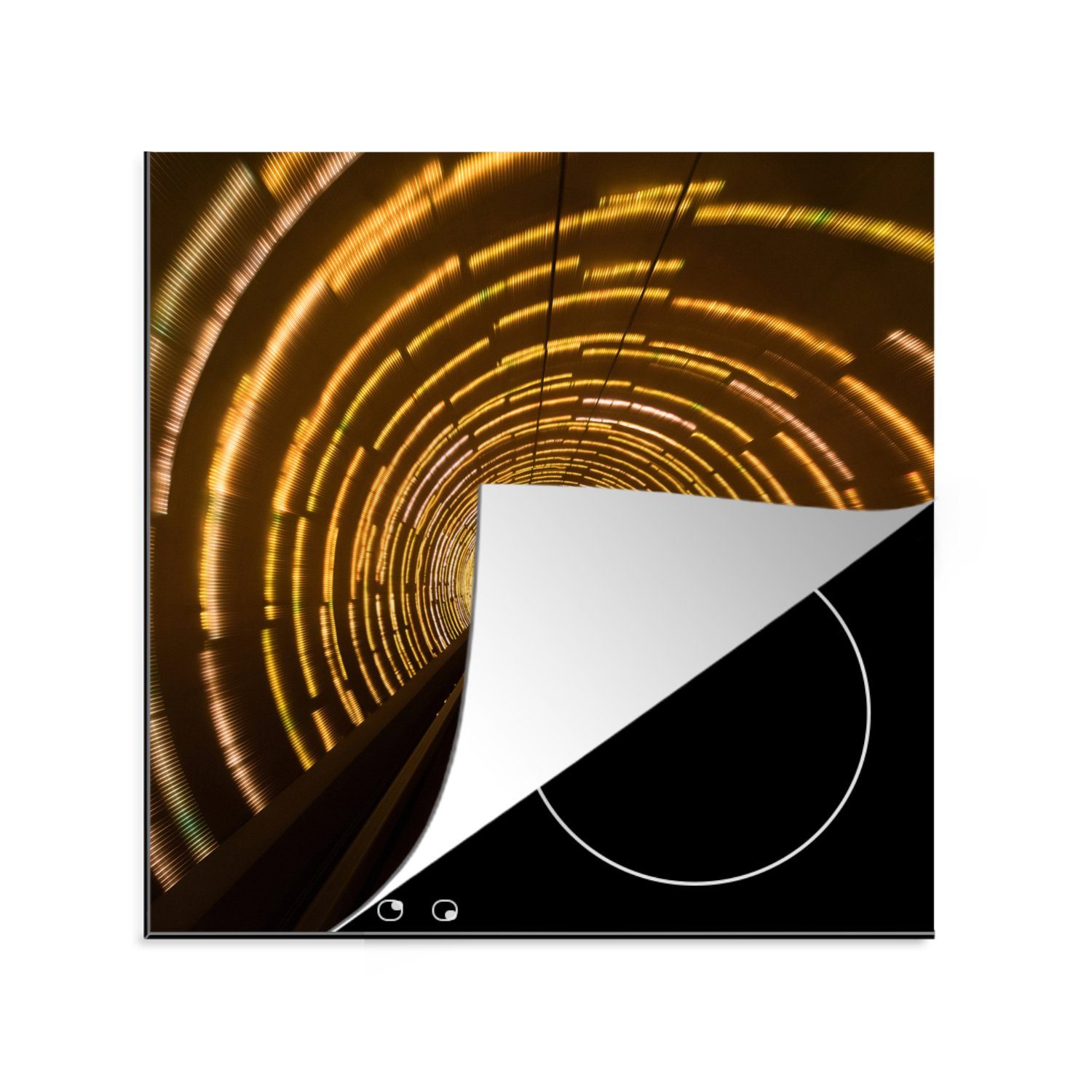 MuchoWow Herdblende-/Abdeckplatte Dunkler Tunnel mit gelber Beleuchtung, Vinyl, (1 tlg), 78x78 cm, Ceranfeldabdeckung, Arbeitsplatte für küche