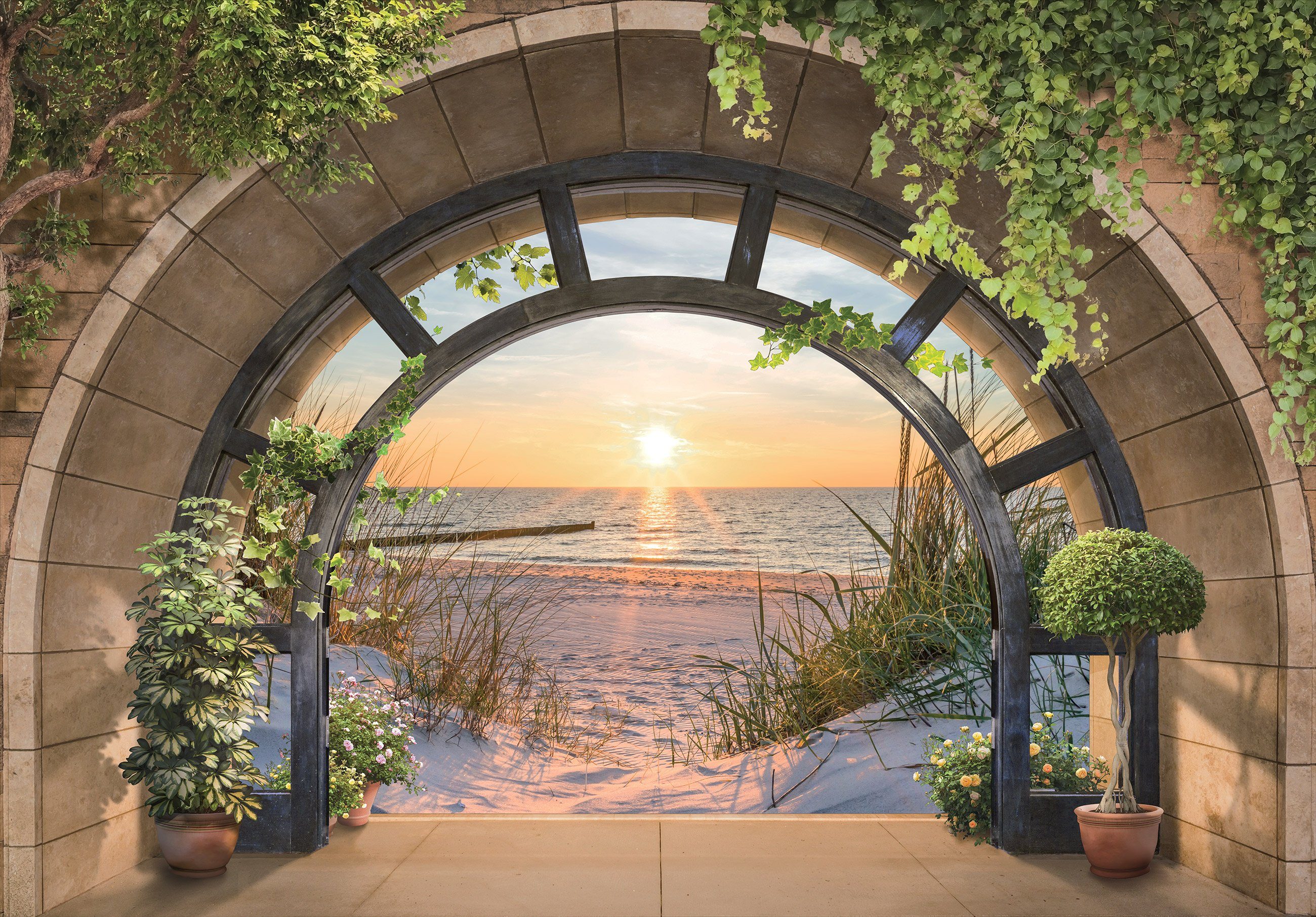 Wallarena Fototapete 3D EFFEKT Fenster Strand Meer Palmen Natur Landschaft Vlies Tapete für Wohnzimmer oder Schlafzimmer Vliestapete Wandtapete Motivtapete, Glatt, 3D-Optik, Vliestapete inklusive Kleister