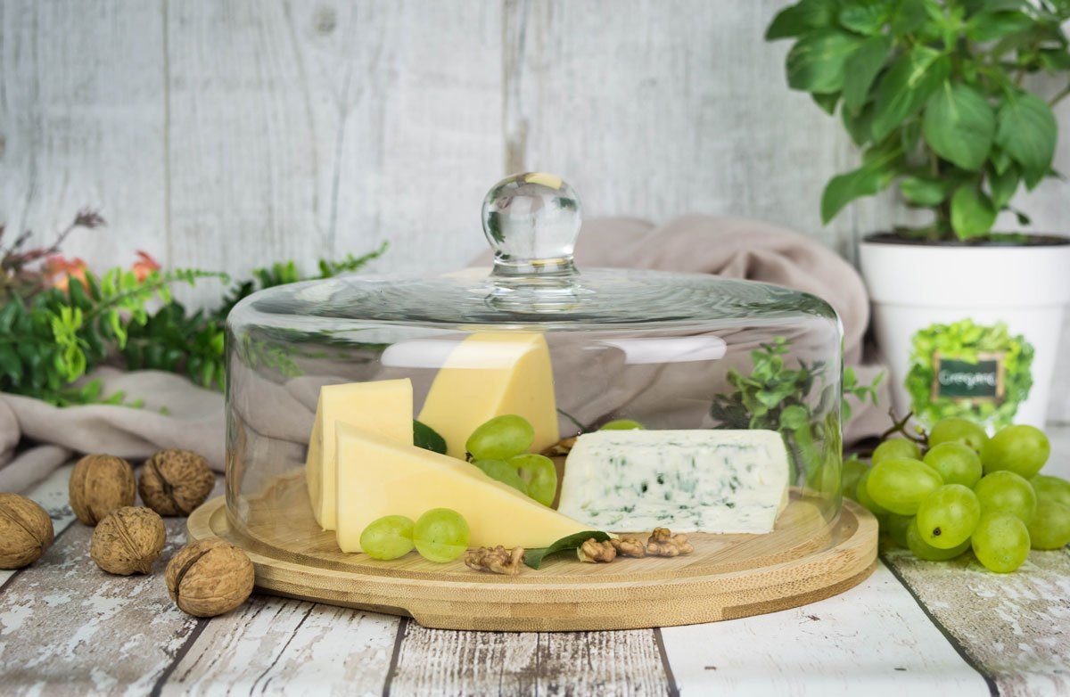 Sendez Käseglocke Käseglocke mit Schneidebrett 28cm Glasglocke Glashaube Kuchenglocke