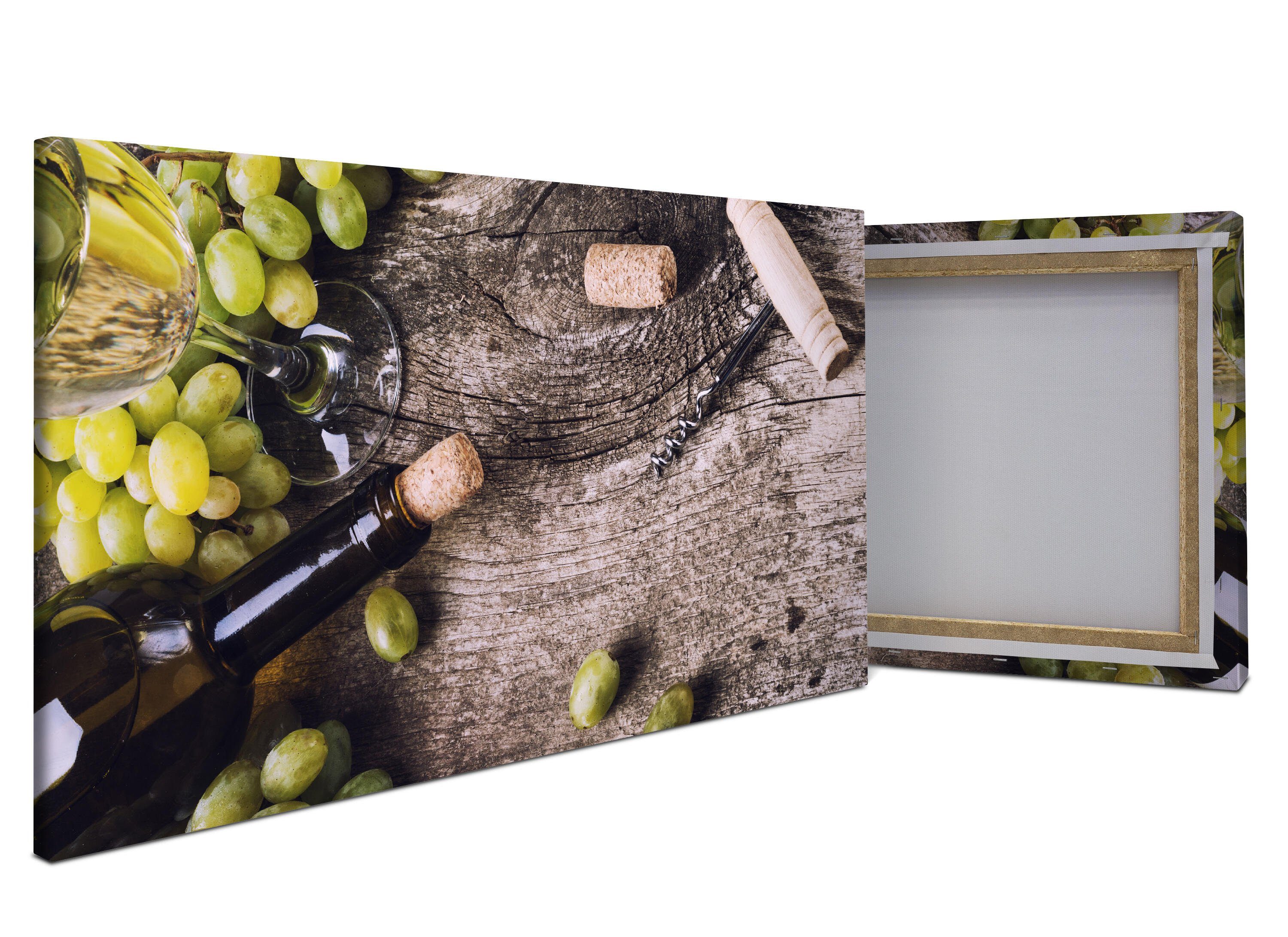 wandmotiv24 Leinwandbild Flasche Weißwein und Trauben auf einem alten Tisch, Essen & Trinken (1 St), Wandbild, Wanddeko, Leinwandbilder in versch. Größen