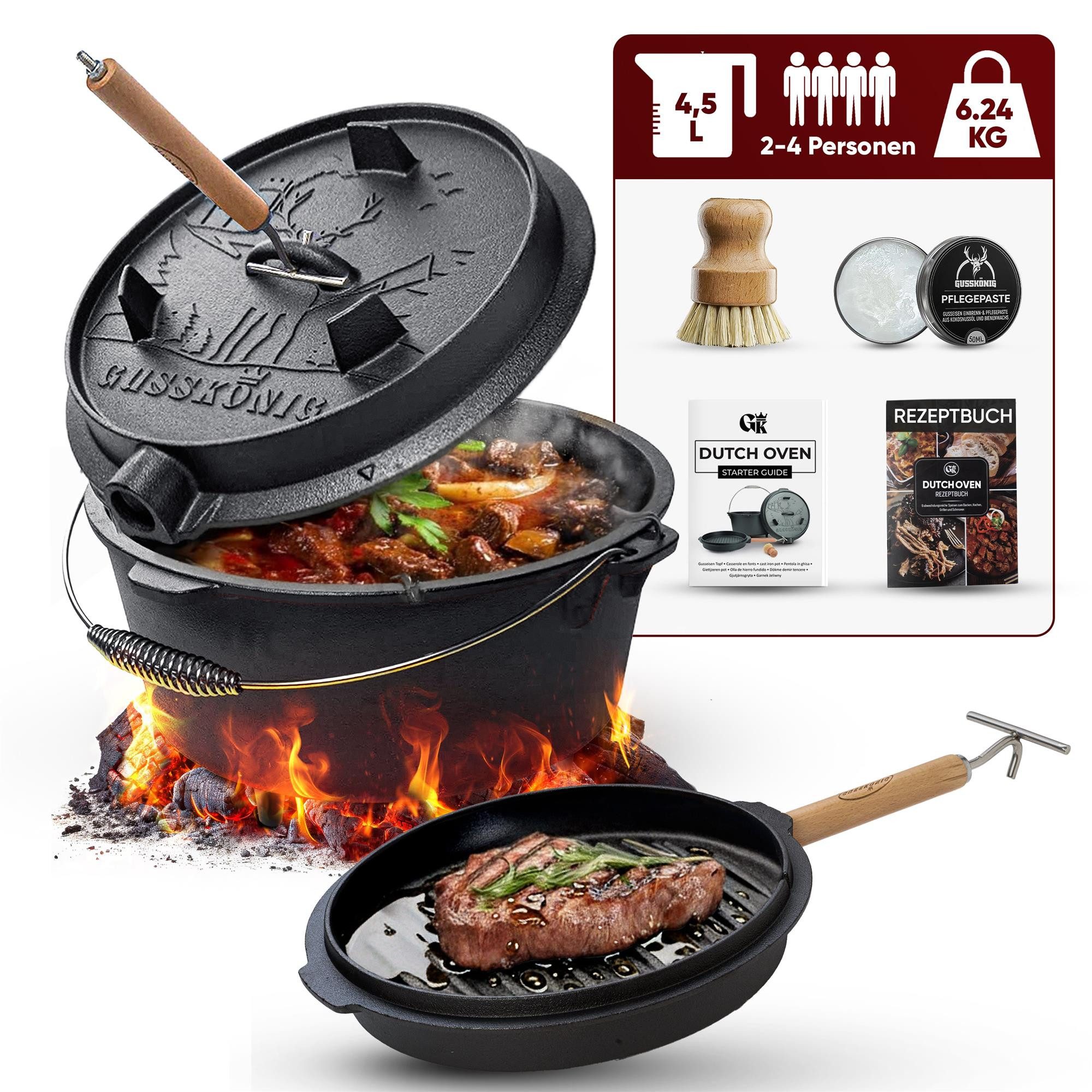 GUSSKÖNIG Schmortopf GUSSKÖNIG Dutch Oven Topf mit Füßen 4,5L+Pflegepaste