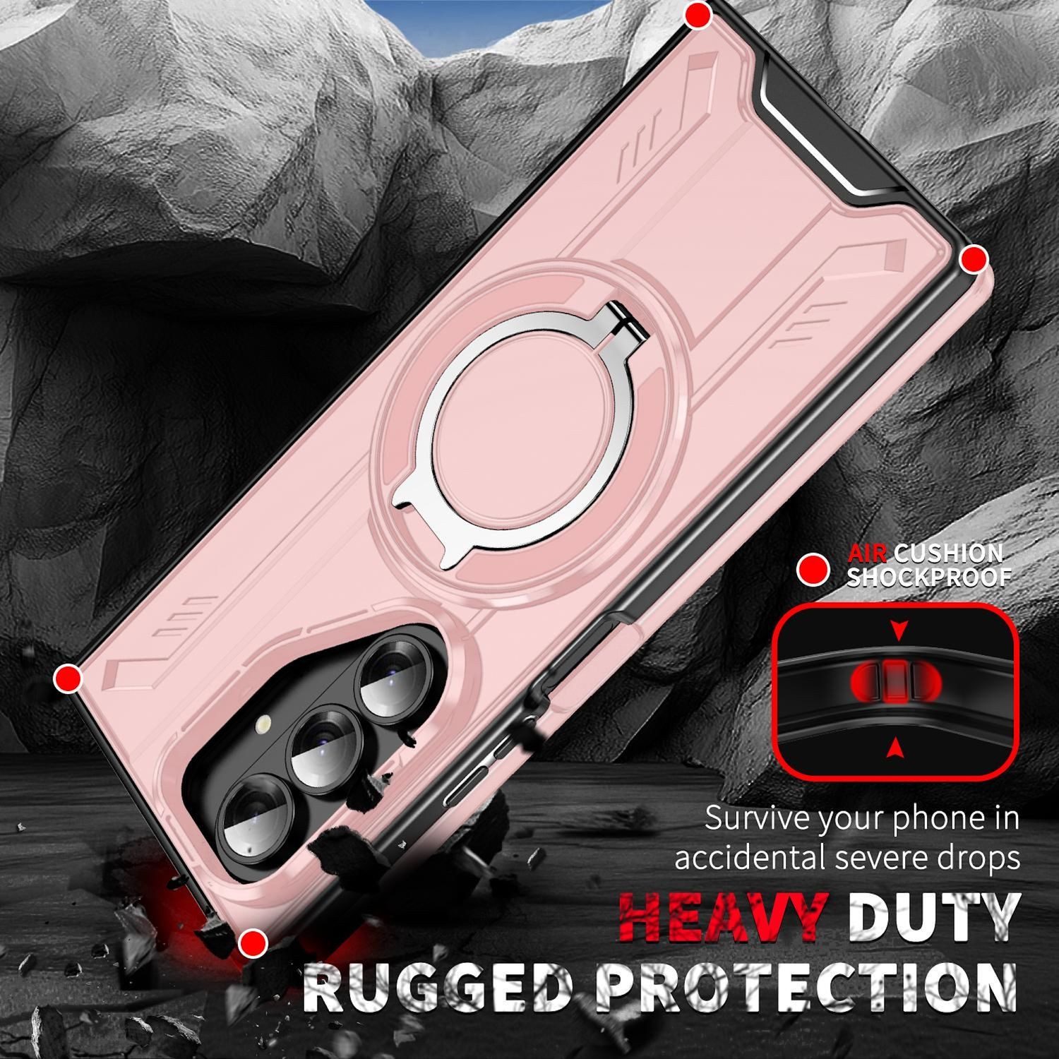 Wigento Handyhülle Für Samsung Galaxy Z Fold7 5G MagSafe 360 Grad Ringhalter Hülle Rosa, MagSafe Hülle mit integriertem Ringhalter und Schutzkante