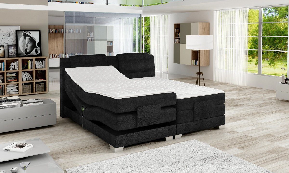 Sofa Dreams Boxspringbett Stoffbett Calais Webstoff schwarz 180x200 cm Komplettbett Modern Bett, mit Topper, zwei Matratzen, elektrisch verstellbarer Liegefläche