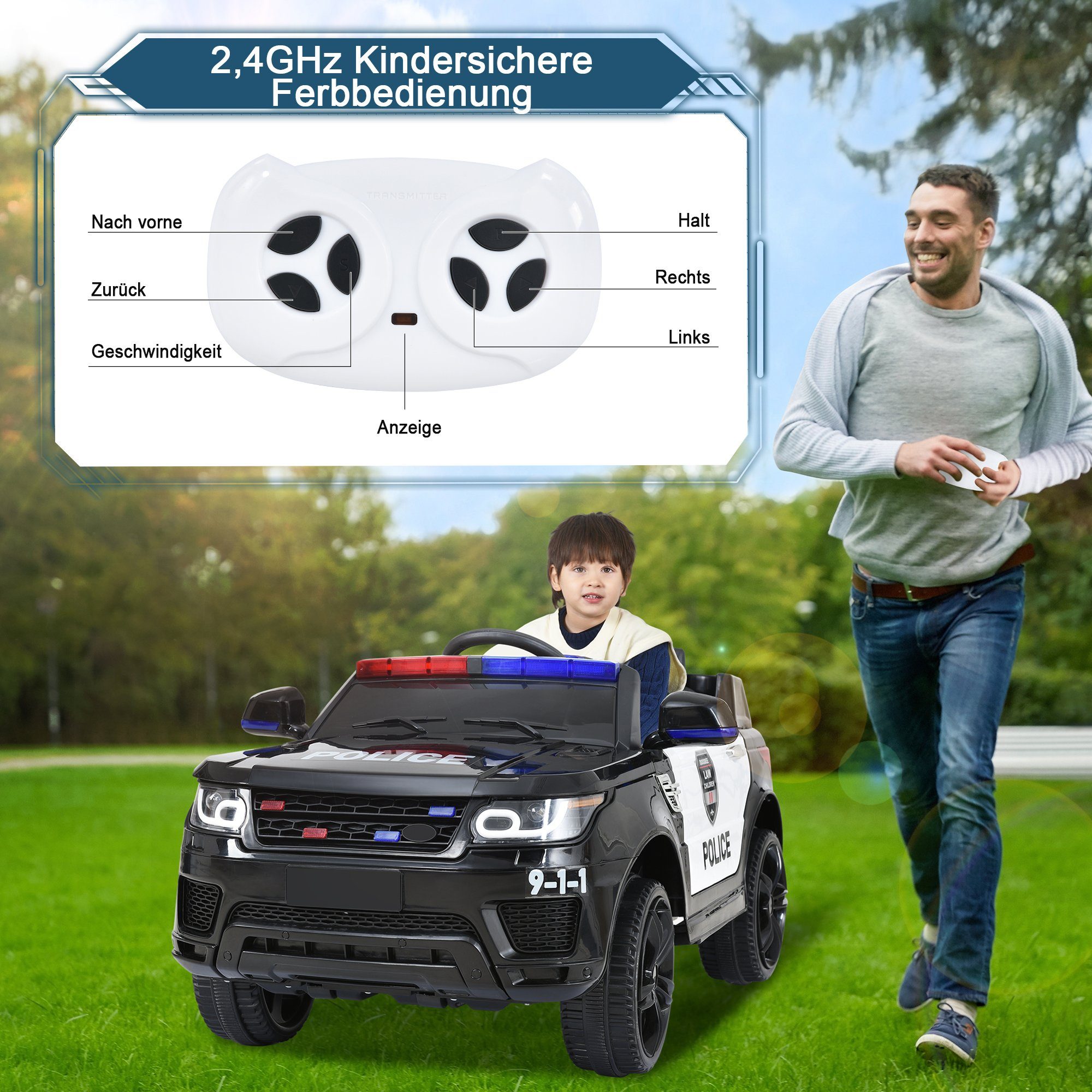 Bluetooth Licht, REDOM 3-5km/h, Kinder Mit für und Schwarz inkl., Belastbarkeit 12V Elektro-Kinderauto 37-95 USB, AUX kg, M mit 30 Hupe,