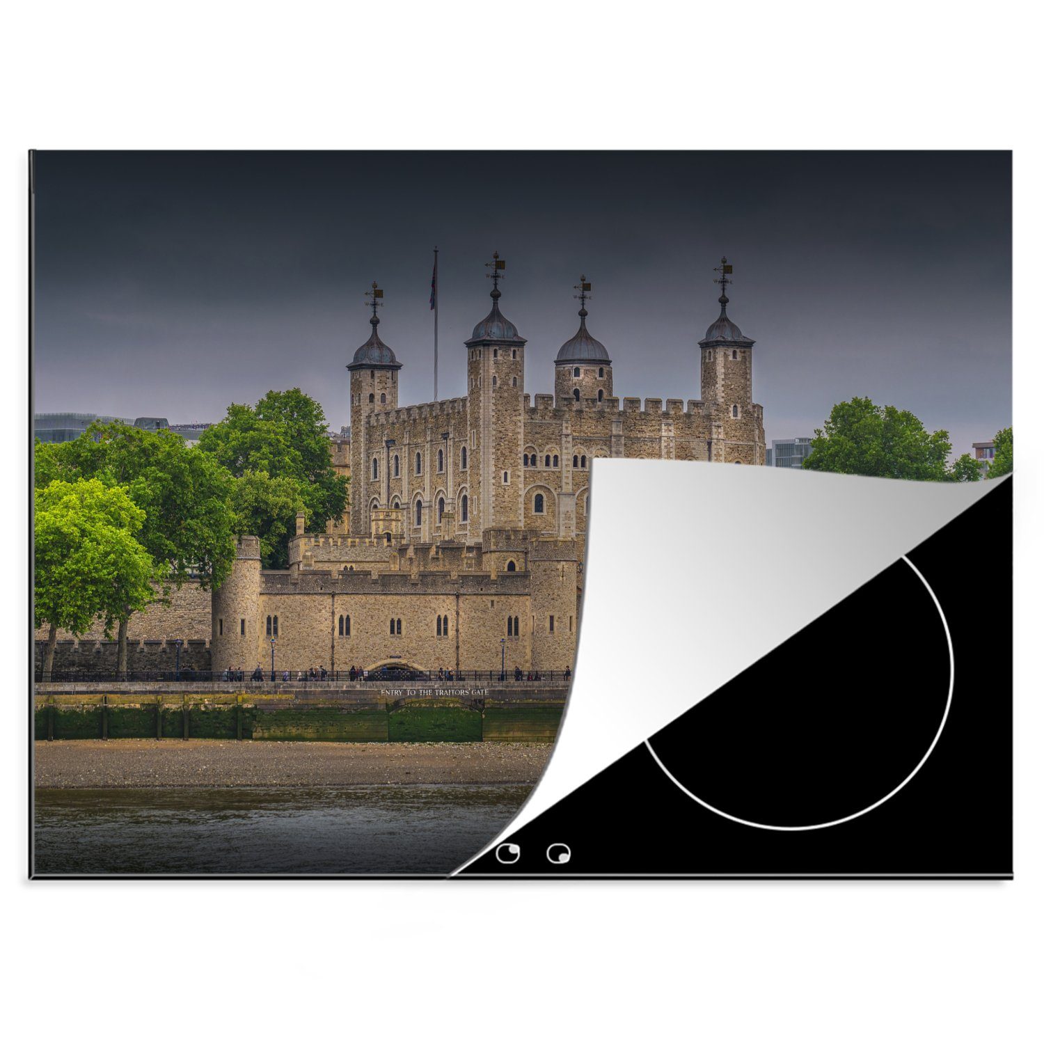 MuchoWow Herdblende-/Abdeckplatte Der Tower of London vor einem dunklen Licht, Vinyl, (1 tlg), 70x52 cm, Mobile Arbeitsfläche nutzbar, Ceranfeldabdeckung