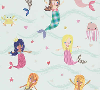 A.S. Création Papiertapete Boys & Girls 6 mit Meerjungfrauen, geprägt, Comic, Tapeten mit Tieren Tapete Kinderzimmer Bunt Blau Grün