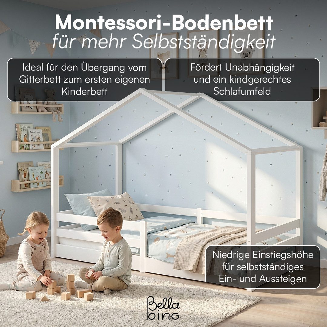 Bellabino Hausbett Abia Kinderbett mit Lattenrost und Rausfallschutz (weiß, optional mit Matratze), Bodenbett 90x200 cm, verfügbar in verschiedenen Ausführungen