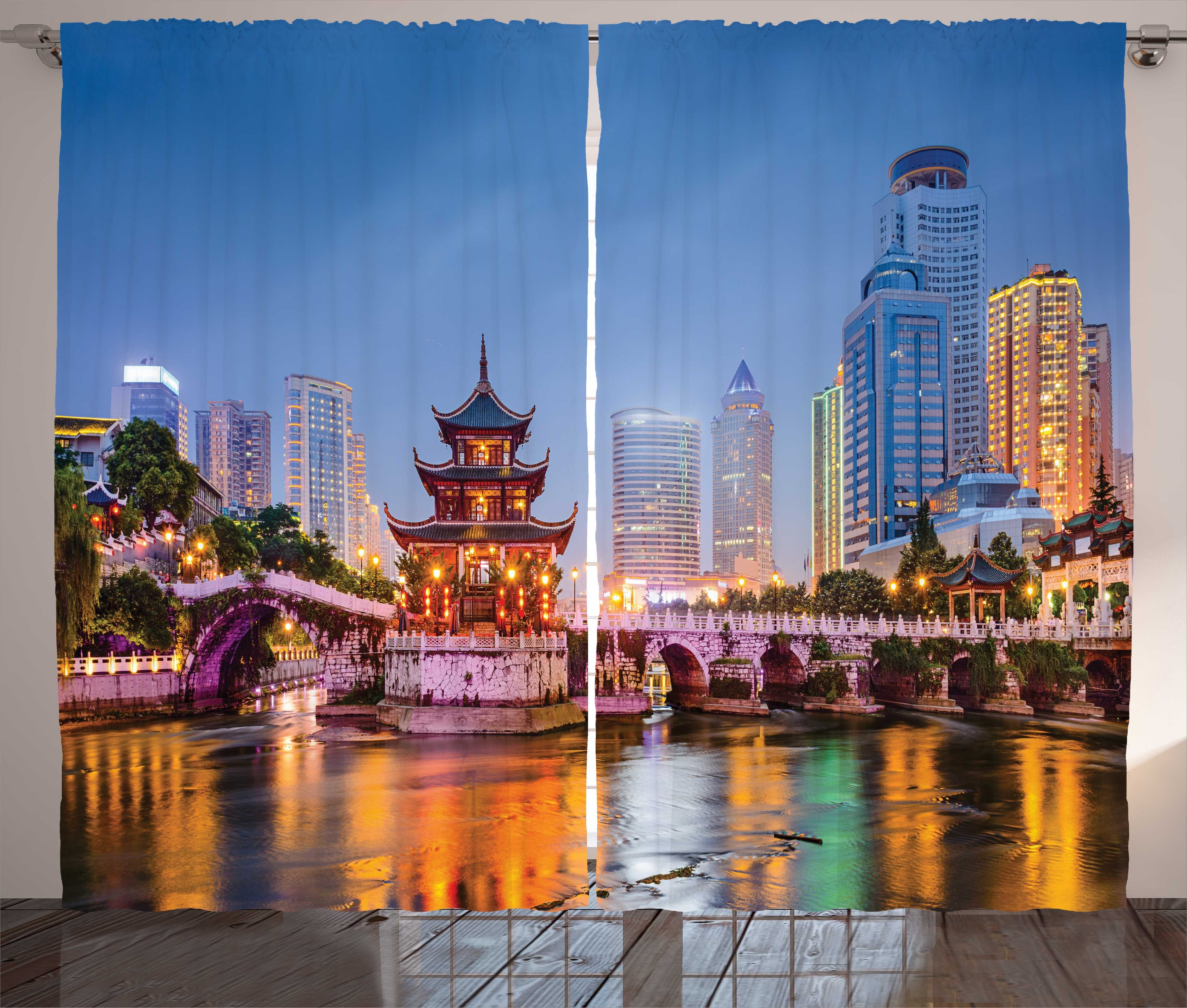 China Haken, Zeit Schlafzimmer in und mit Schlaufen Abakuhaus, Stadtbild Kräuselband Gardine der Stadt Abenddämmerung Vorhang