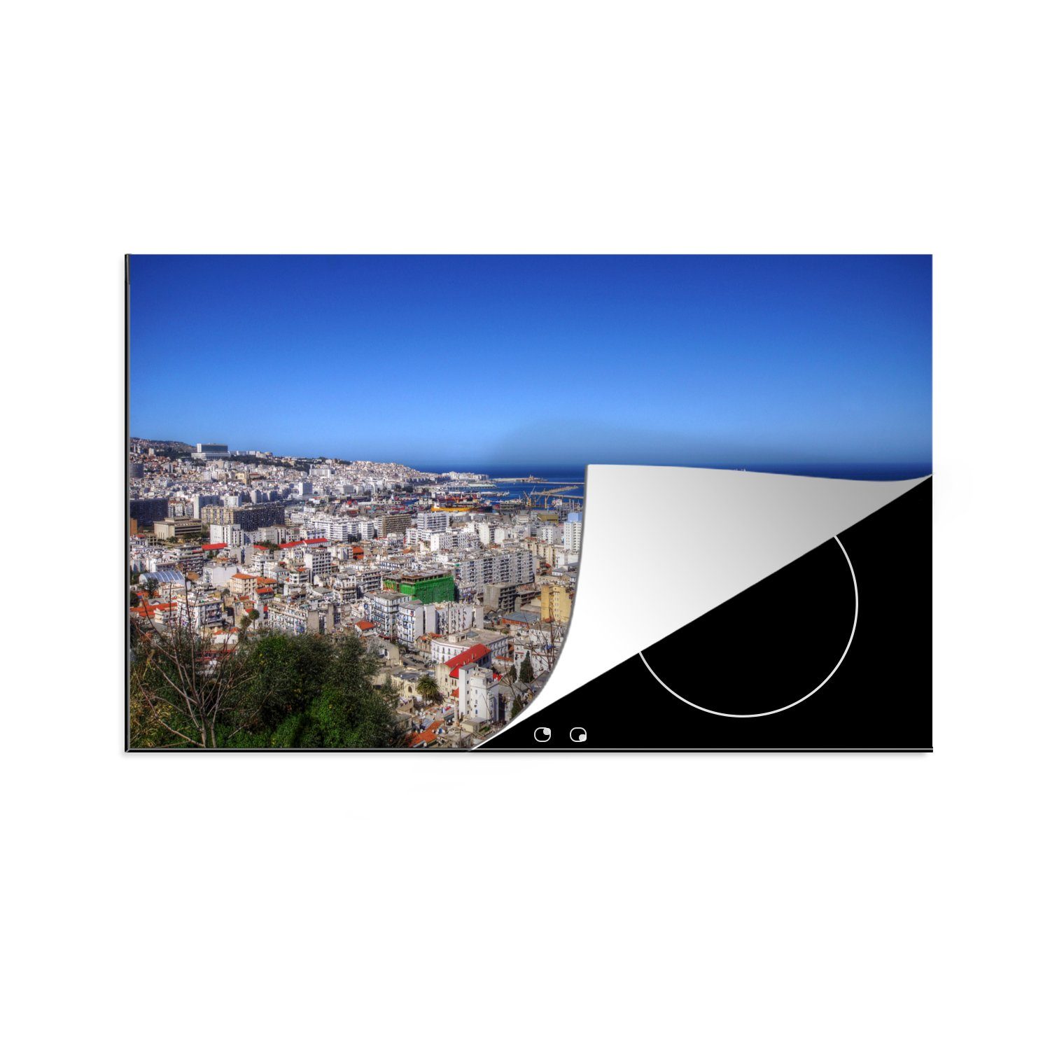 MuchoWow Herdblende-/Abdeckplatte Blauer Himmel über der algerischen Stadt Algier, Vinyl, (1 tlg), 83x51 cm, Ceranfeldabdeckung, Arbeitsplatte für küche