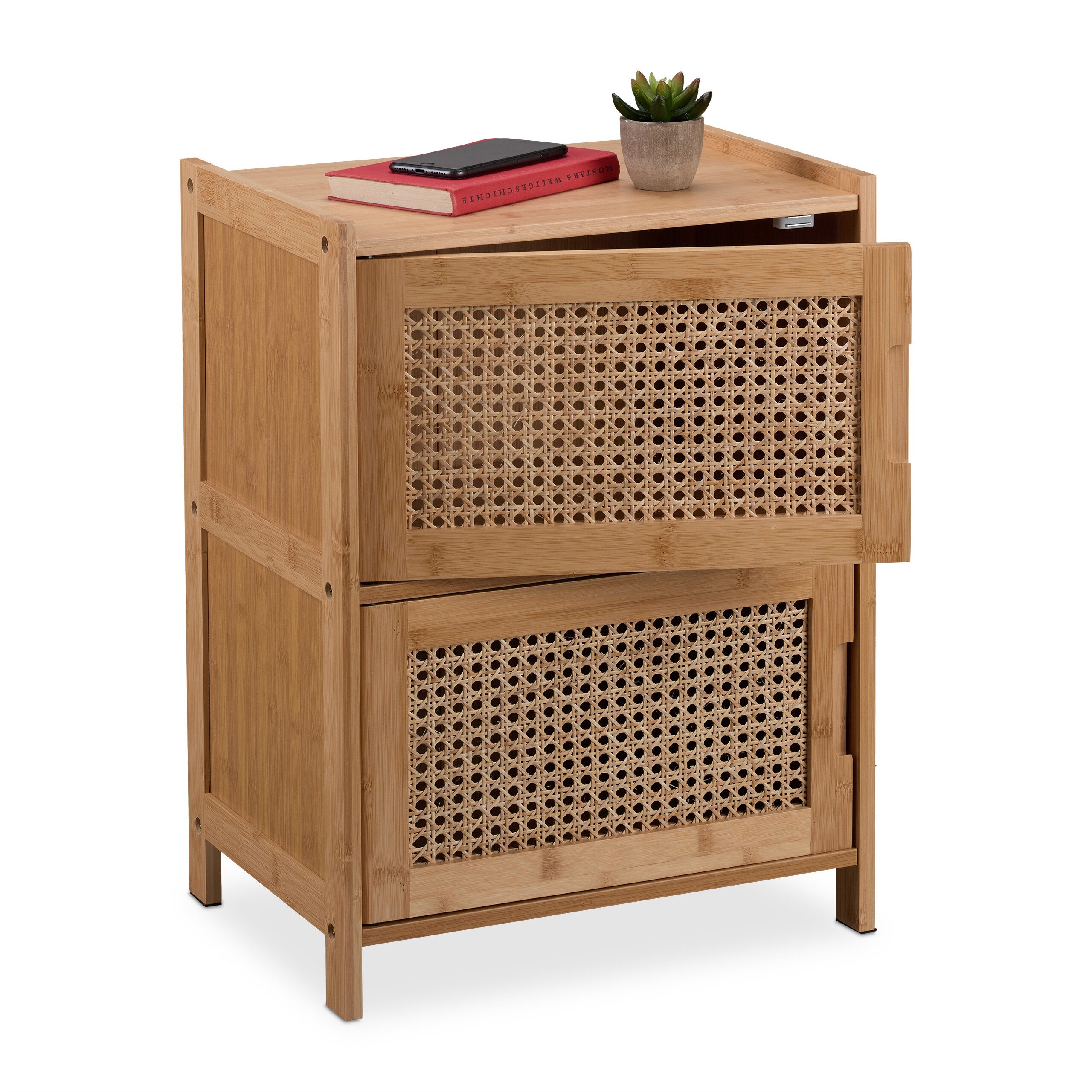 relaxdays Nachtkommode Beistellschrank mit 2 Rattan-Türen (1 St)