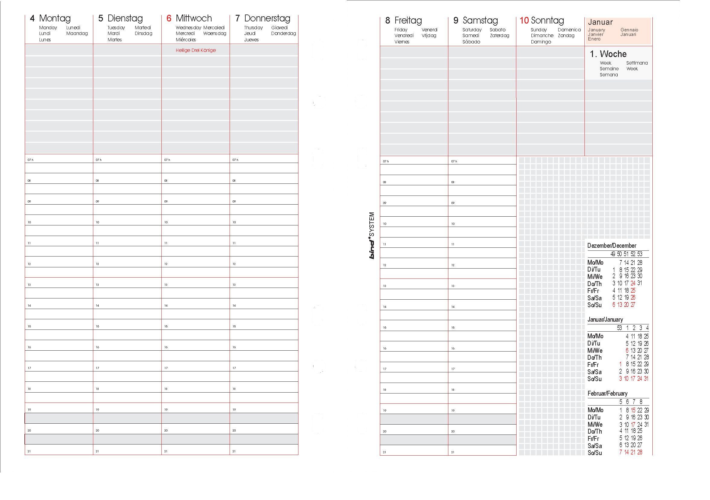 BIND Terminkalender bind® 250826 Ersatzkalendarium Wochenplan - A5, 1 Woche / 2 Seite