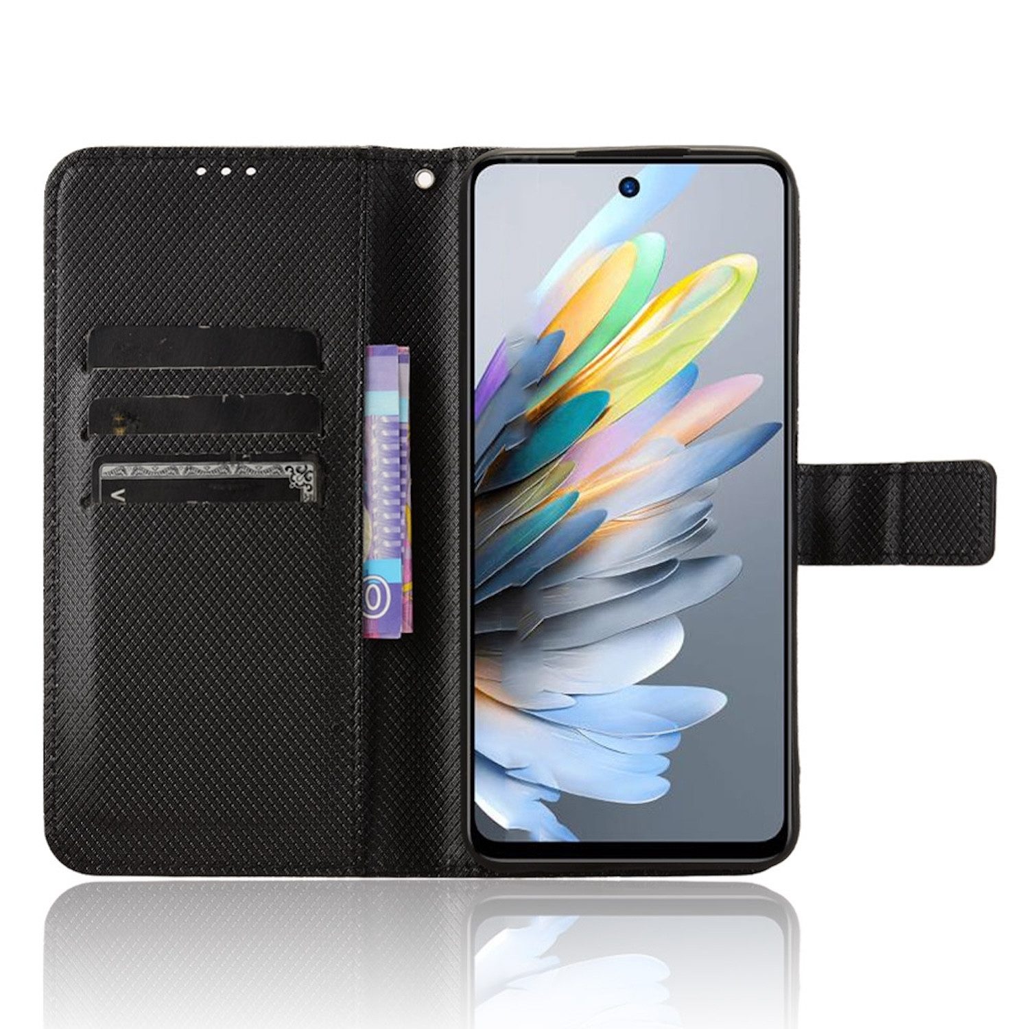 Wigento Smartphone-Hülle Für ZTE Blade A75 4G Book Wallet Kunstleder Hülle Tasche Schwarz, Diamantstruktur Kunstleder Hülle mit Kartenfächern und Standfunktion