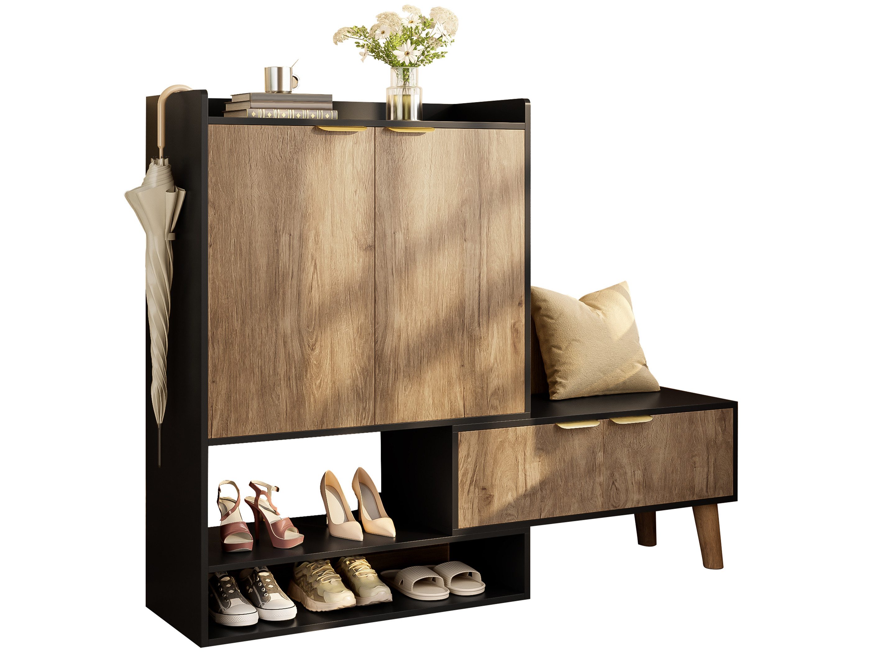 SeedWave Schuhschrank Konstrastfarbener Schuhkipper inkl. Ausziehbarer & Drehbarer Sitzbank Der Sitz mit 2 Massivholzfüßen, 5-Schuhfach, 1 offenes Fach unten