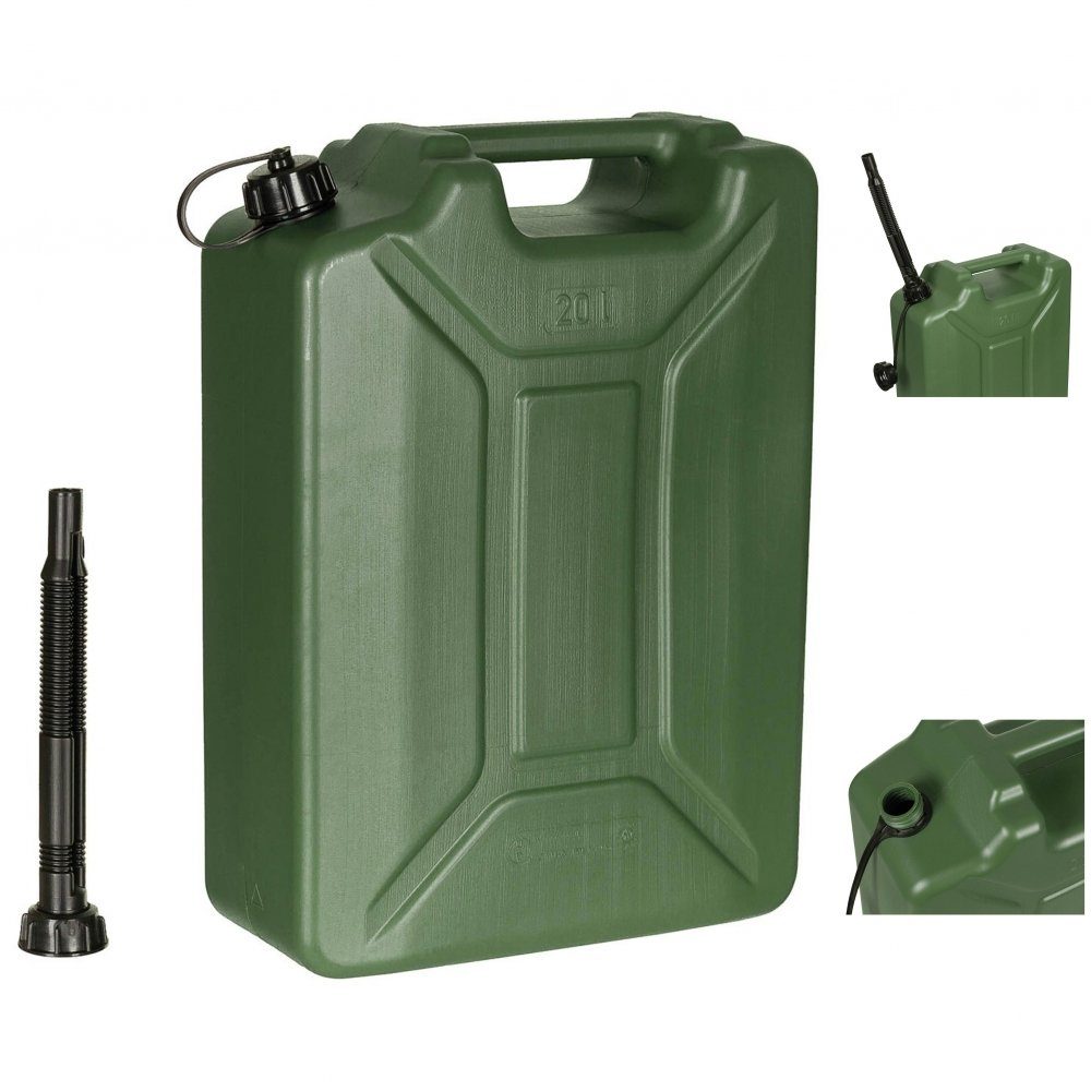 MFH Benzinkanister Kanister, oliv, 20 l, Kunststoff (Packung), inkl. aufschraubbarem Ausgießer