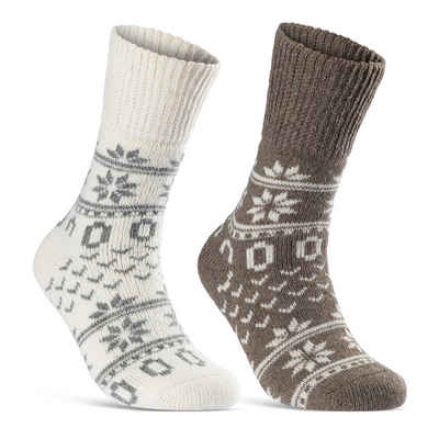 sockenkauf24 Norwegersocken 2 Paar Wintersocken Damen & Herren Kuschelsocken warme Wollsocken (WEISS-BRAUN, 35-38) Haussocken - 21212 WP