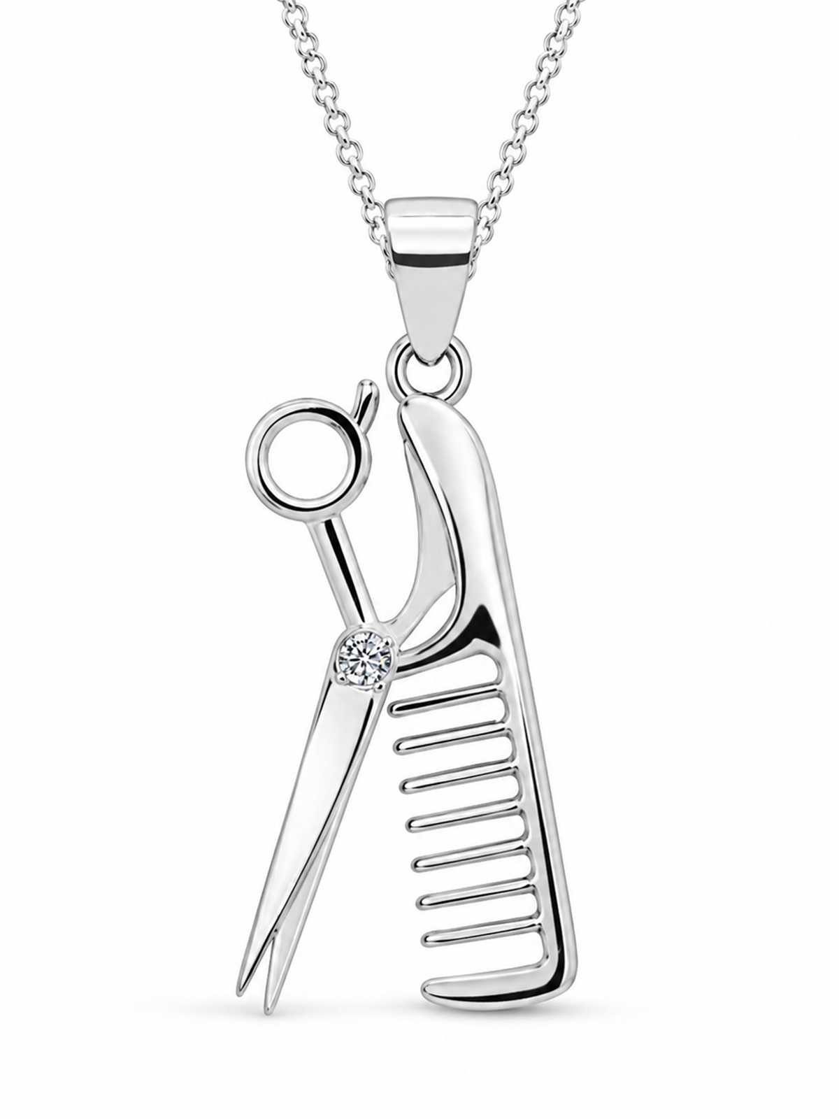 Goldene Hufeisen Kette mit Anhänger Schere Kamm Halskette aus 925 Sterling Silber mit Zirkonia (2-tlg, inkl. Etui), Rhodiniert