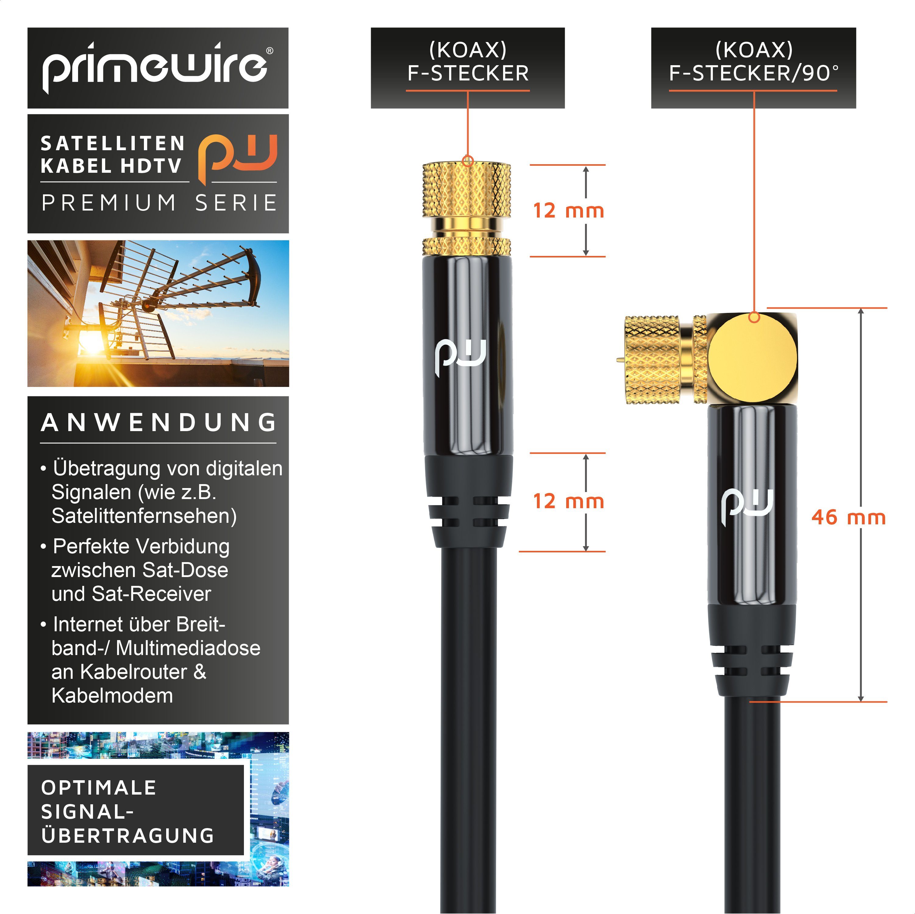Primewire SAT-Kabel, Koax, F-Verbinder (50 cm), HDTV SAT Koax Kabel 90° gewinkelt, 4fach Schirmung, 135dB, 75Ohm, 0,5m