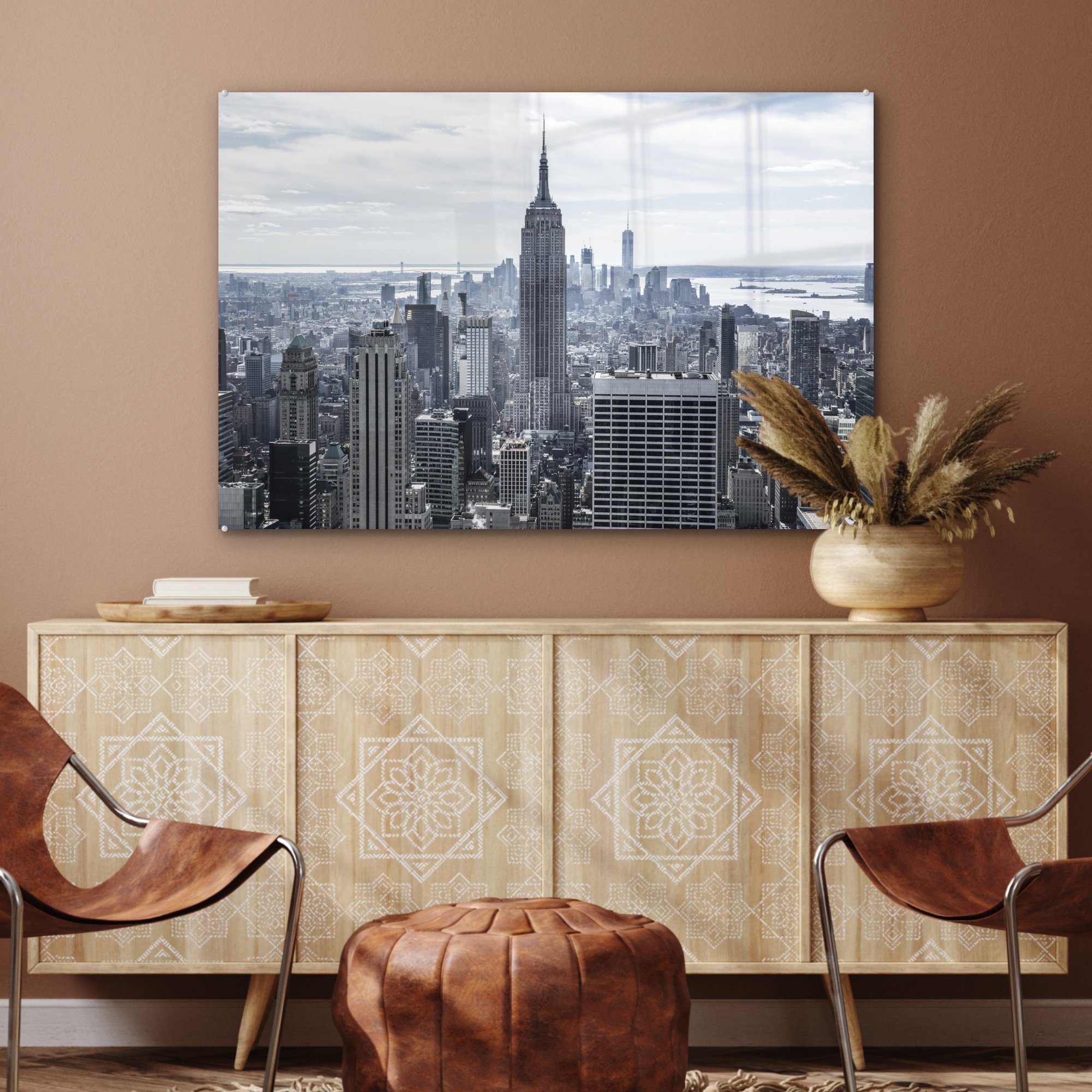 Acrylglasbilder in dem Bewölkter Wohnzimmer St), Empire (1 Schlafzimmer Building & State Himmel Amerika, Acrylglasbild MuchoWow über