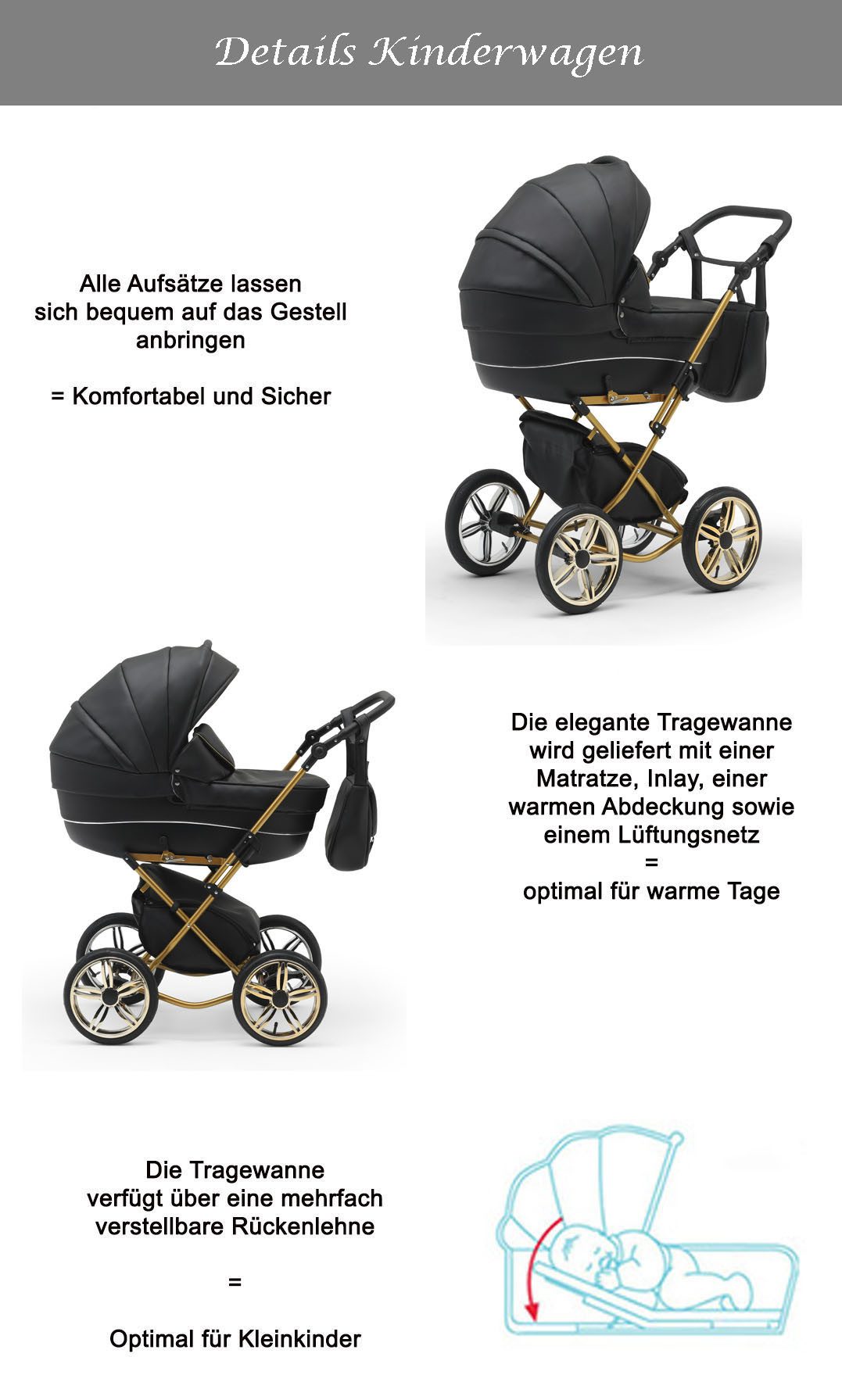 BabyMerc Kombi-Kinderwagen Sorento Gold 2 in 1 inkl. Sportsitz und Zubehör in 30 Farben