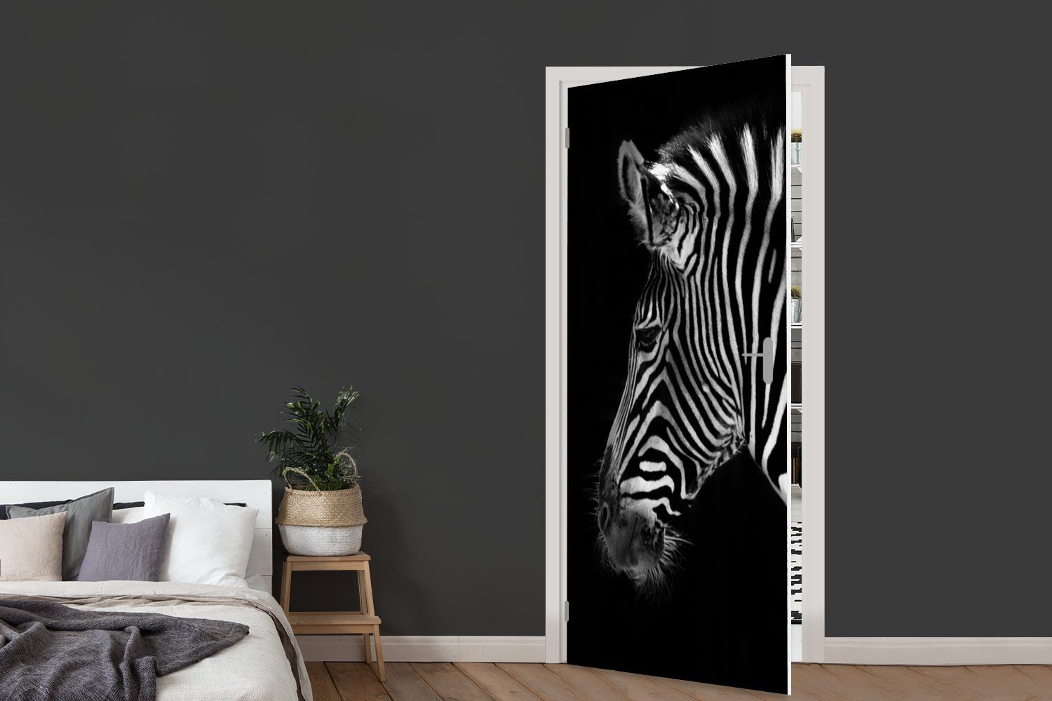 Matt, Tür, MuchoWow Tiere cm Zebra Türaufkleber, Fototapete St), Schwarz, Wilde Türtapete 75x205 bedruckt, (1 für - -