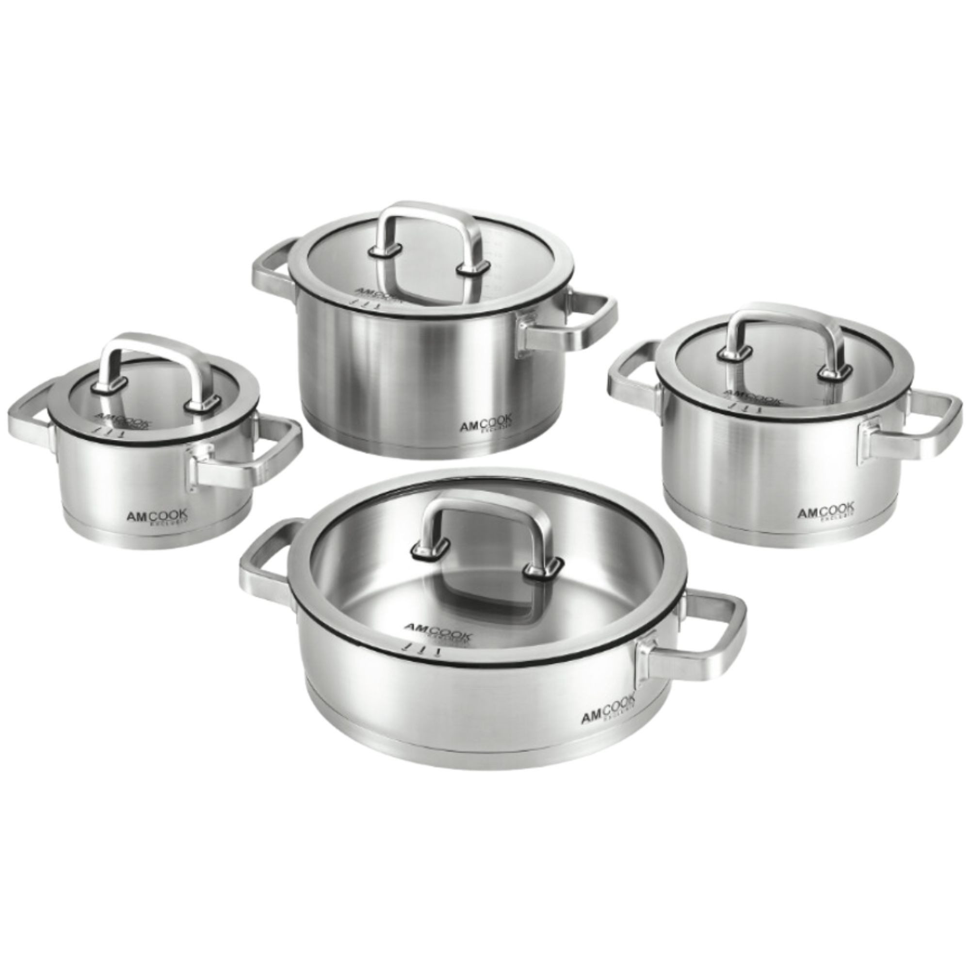 MÖBEL SCHOTT Topf-Set Topfset 8-teilig, Edelstahl (8-teilig, 3 Кастрюли, 1 Servierpfanne, 4 Deckel), speziell für Muldenlüfter & Kochfeldabsaugung