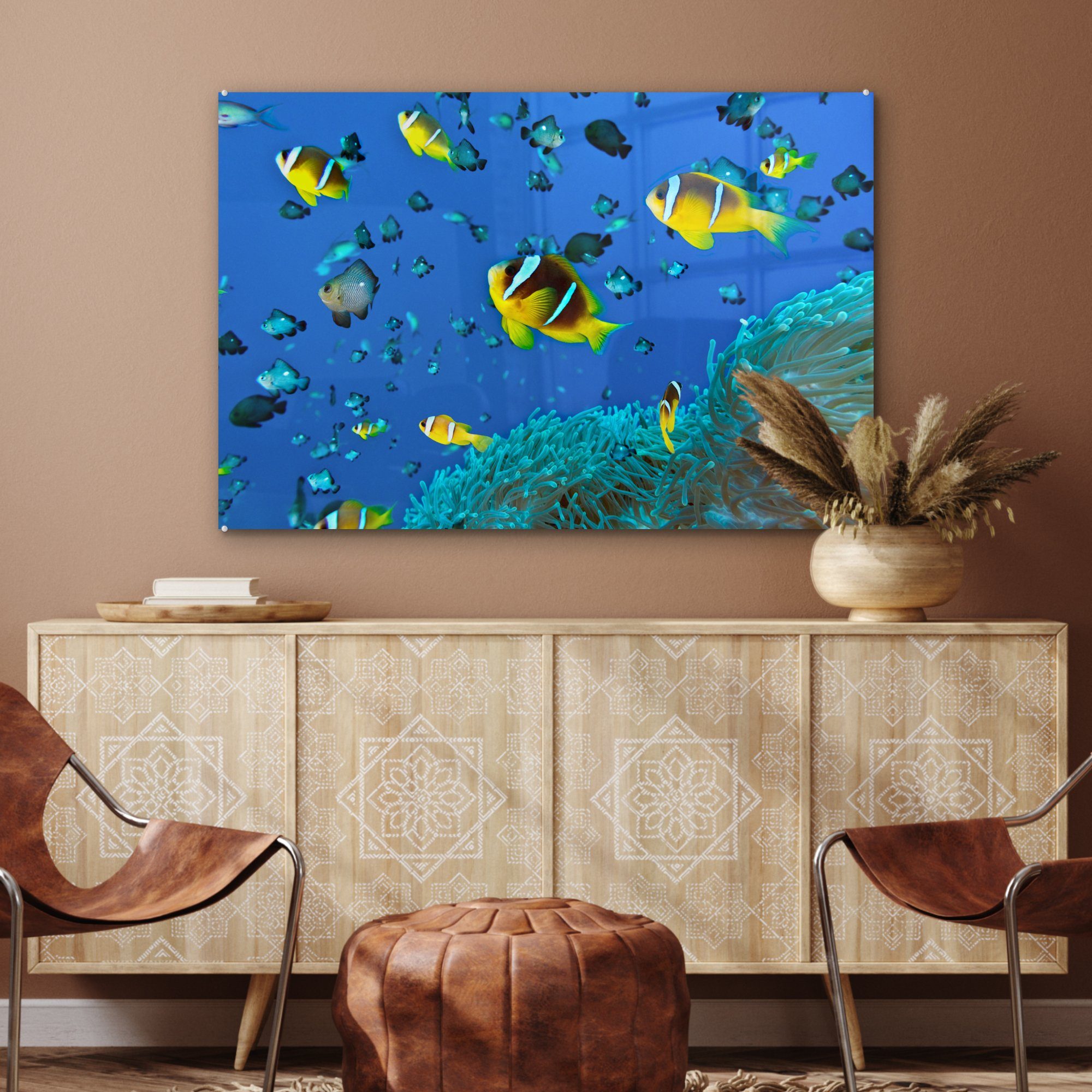 Schlafzimmer Wohnzimmer Acrylglasbilder & Korallen Fische Gruppe, - (1 St), Acrylglasbild MuchoWow -