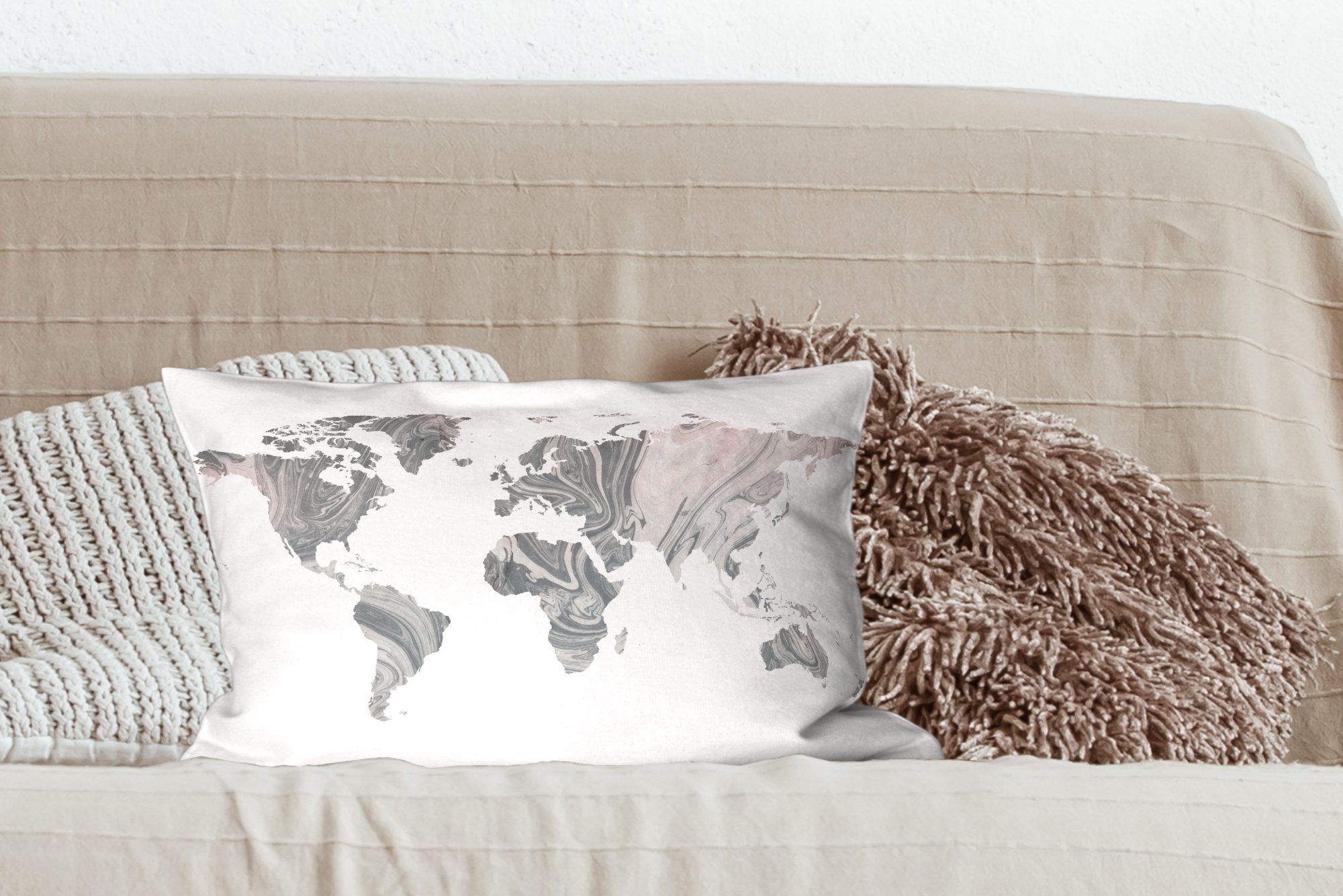 Dekoration, Zierkissen, Schlafzimmer - Dekokissen Farbe Grau, Dekokissen Weltkarte Wohzimmer - mit Füllung, MuchoWow