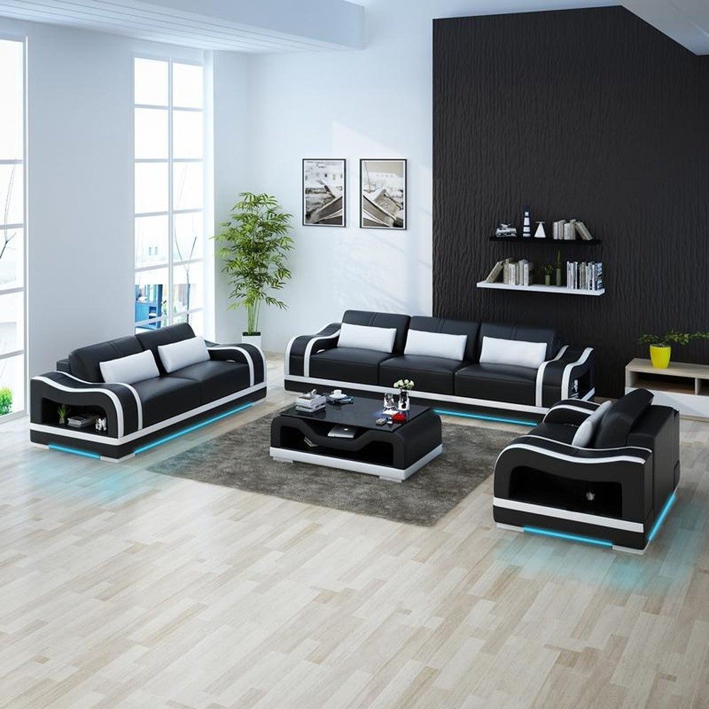 JVmoebel Polstergarnitur Schwarzes Ledersofa im modernen Design, (3+2+1 Sitzer), Made in Europa