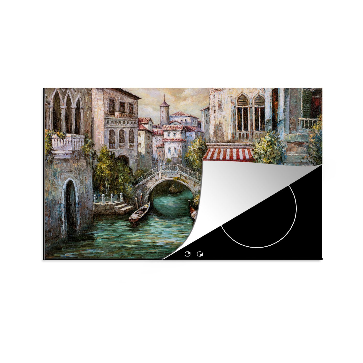 Italien cm, (1 tlg), Architektur - Wasser Öl, Vinyl, 81x52 Gemälde Induktionskochfeld - - Herdblende-/Abdeckplatte die Schutz Ceranfeldabdeckung küche, - - für MuchoWow Boot