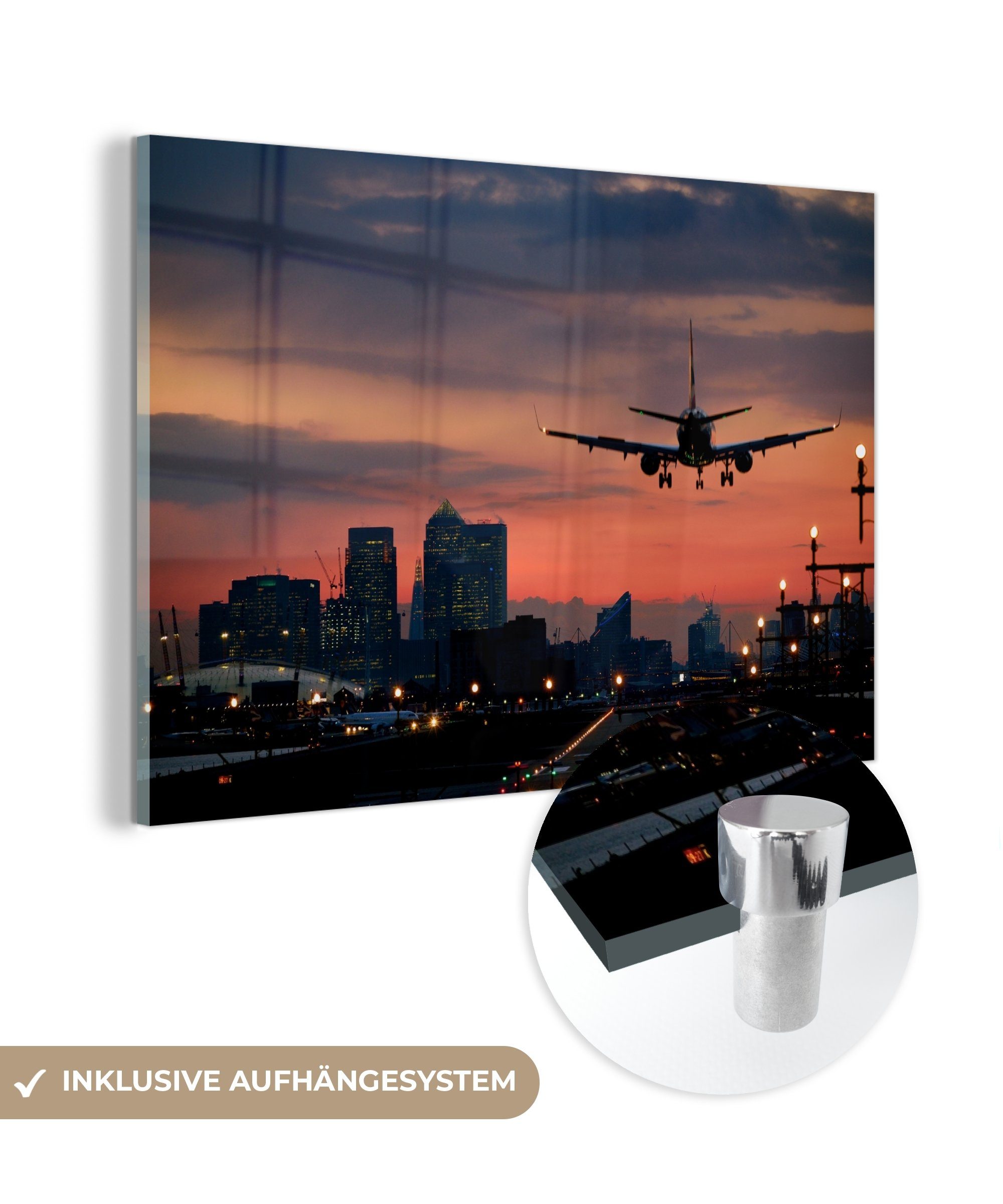 Sonnenaufgang, bei Acrylglasbilder Flugzeugs eines Schlafzimmer (1 St), Acrylglasbild Wohnzimmer & MuchoWow Landung