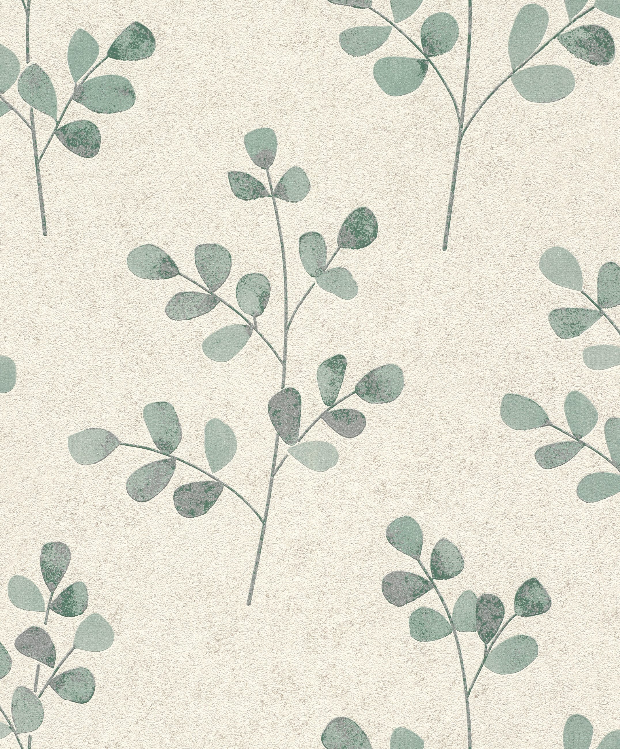 Rasch Vliestapete Blätter & Zweige - Vliestapete Beige Grün, floral, Putzoptik, (1 Rolle, 1 St., 10,05 m x 0,53 m), Lichtbeständige Farben - Feucht abwischbar - Restlost abziehbar