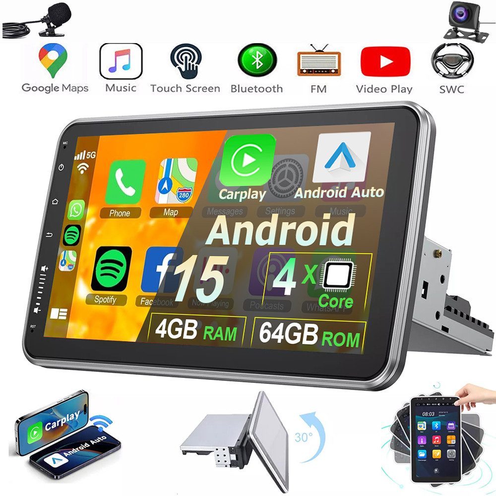MOPECT 4+64G Android 15 Autoradio 1 DIN 360° Drehbar Bildschirm Carplay Navigationsgerät (Carplay Android Auto Bluetooth FM AM RDS WIFI GPS)