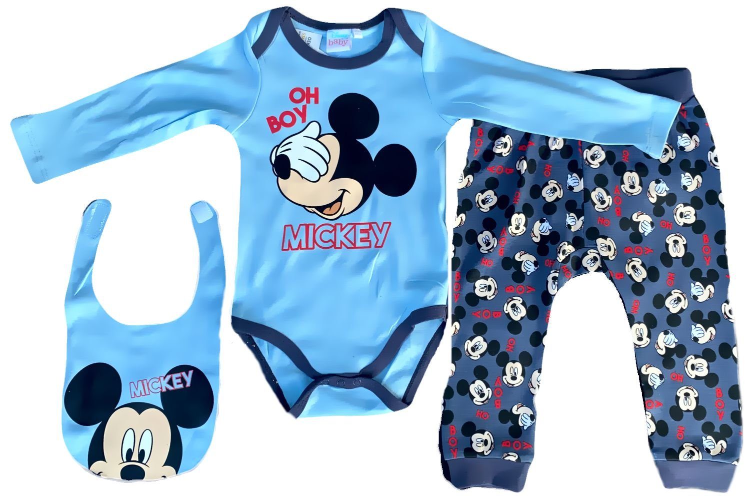 Disney Baby Shirt, Strampler, Jäckchen, Mütze & Schühchen Mickey Mouse Oh Boy Disney Baby Jungen Body, Hose + Lätzchen Set Hellblau 3 6 12 18 24 Monate Gr.62 68 80 86 92 cm