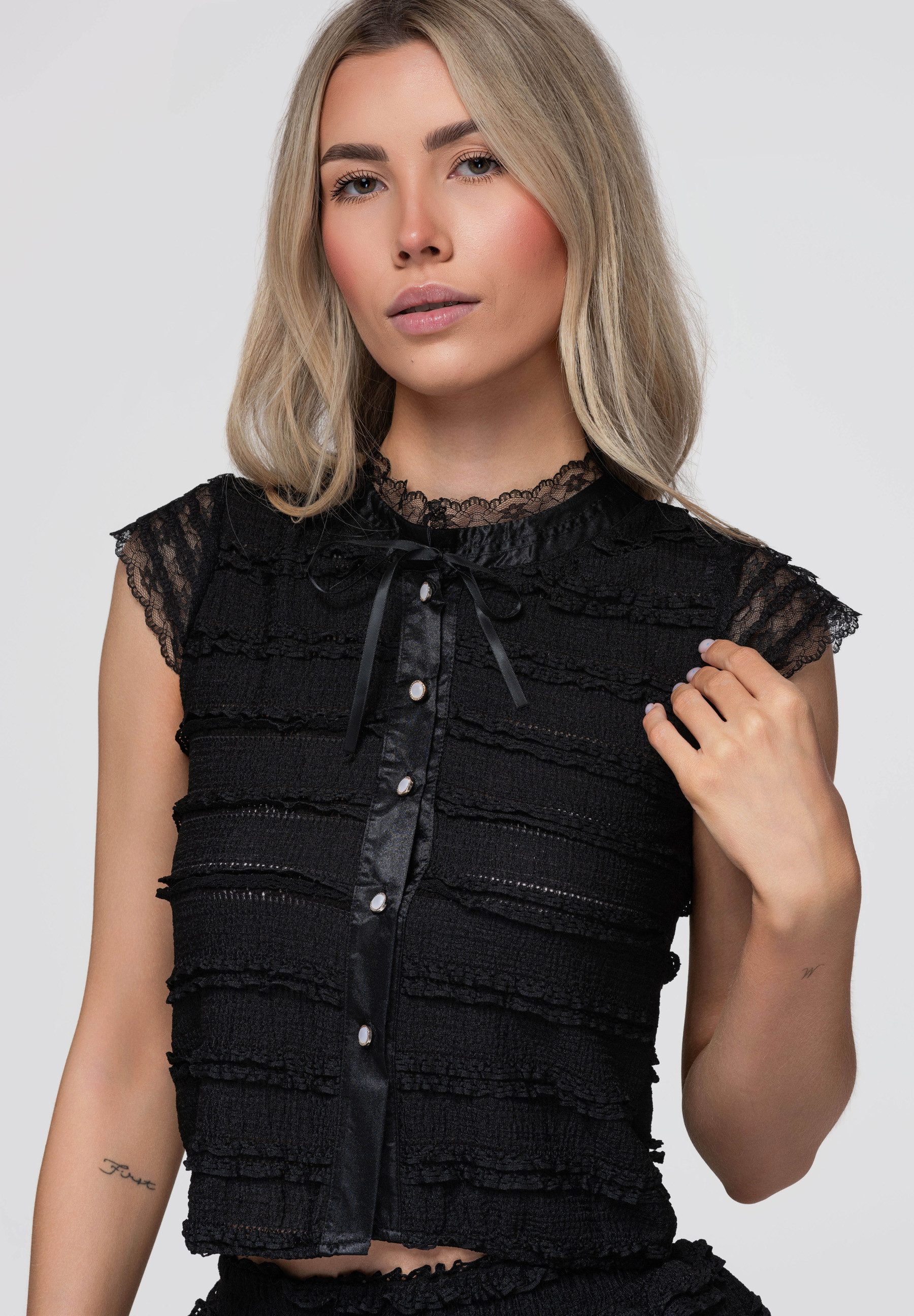 OMBRE Blusentop Damen Blusentop mit romantischem Spitzenkragen Schwarz M/L (kein Set, 1-tlg) romantischer Akzent