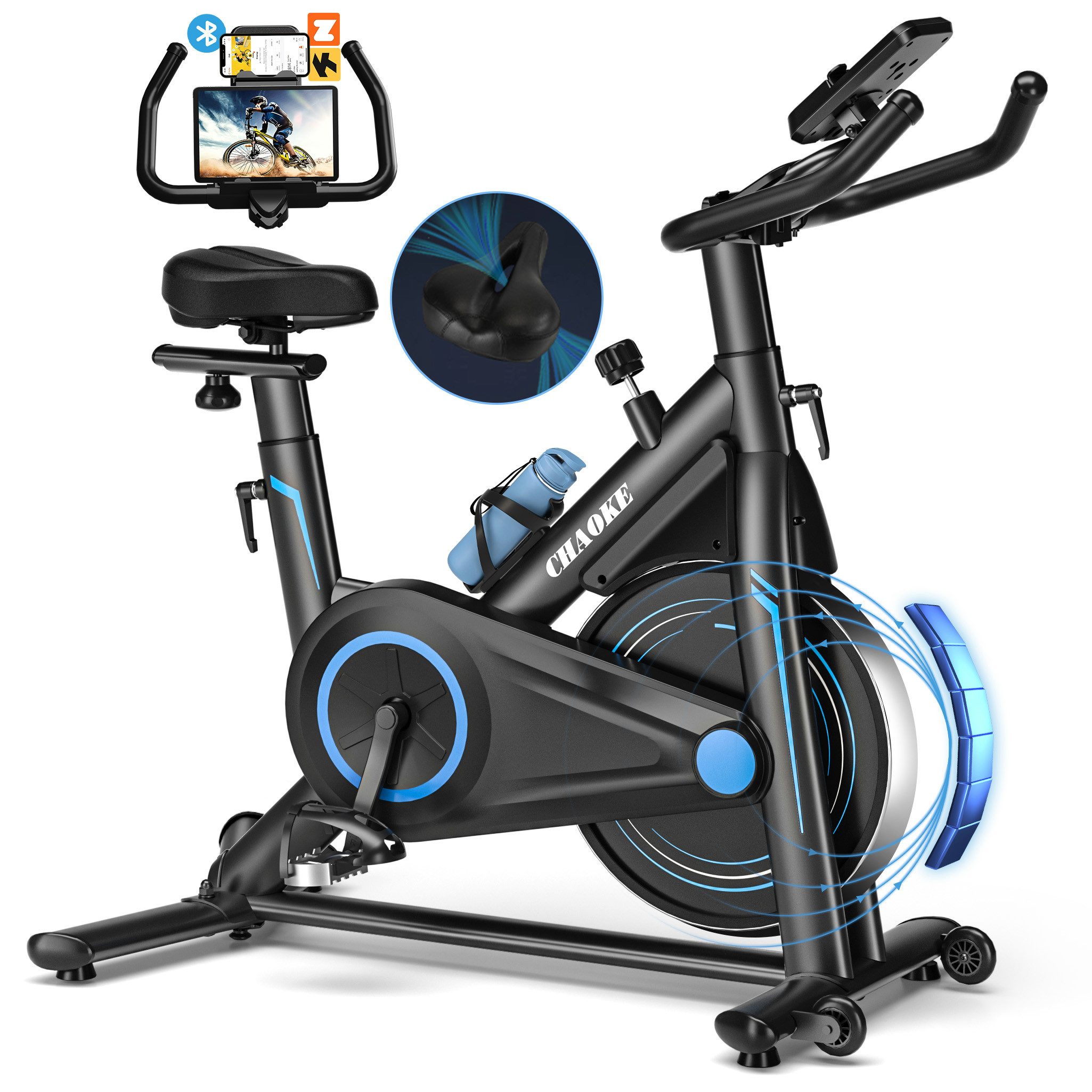 CHAOKE Heimtrainer Fahrrad mit App, Profi Ultra-Leiser Heimtrainer (Magnetwiderstand, Halterung für Wasserflasche), einstellbare Widerstandsstufe, Professioneller Reitsitz, LCD Monitor