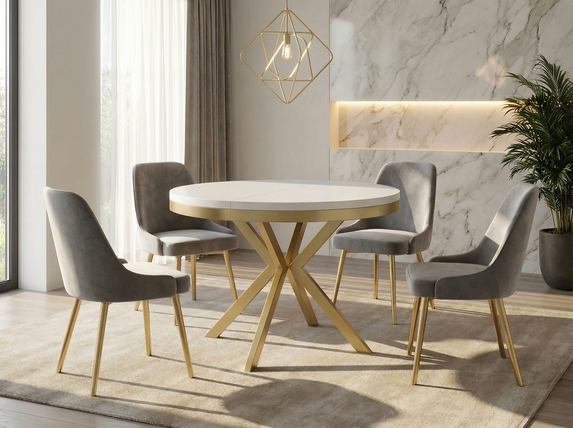 WFL GROUP Esstisch Dina ausziehbar rund industrial mit goldenen Metallbeinen (MADE IN EU, erhältlich in 3 Größen – 90/100/120 cm ausziehbar auf 170/180/200 cm), platzsparender Tisch in Holzoptik für Küche, Esszimmer oder Wohnzimmer