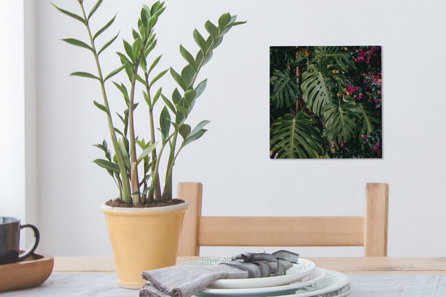 Blüten, rosa St), Monstera Bilder Schlafzimmer für Grüne (1 Leinwandbild Wohnzimmer mit OneMillionCanvasses® Leinwand