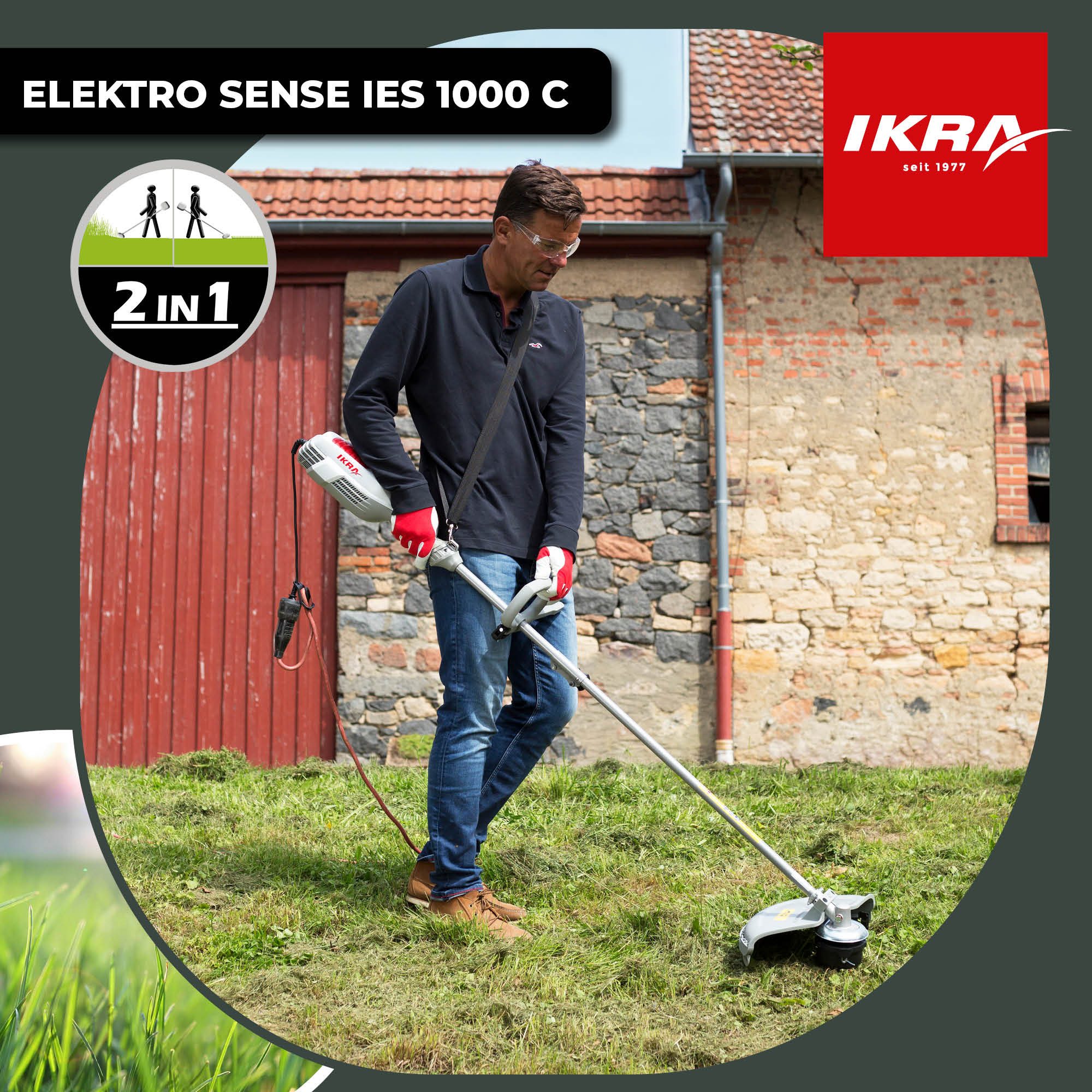 ikra GmbH Elektro-Motorsense IES 1000 C, 23 cm cm Arbeitsbreite Messer, 37 cm cm Arbeitsbreite Faden, mit 2 Fadenspules, 3-Zahn-Messer, Schultergurt & Schutzbri – Bild 5 von 5