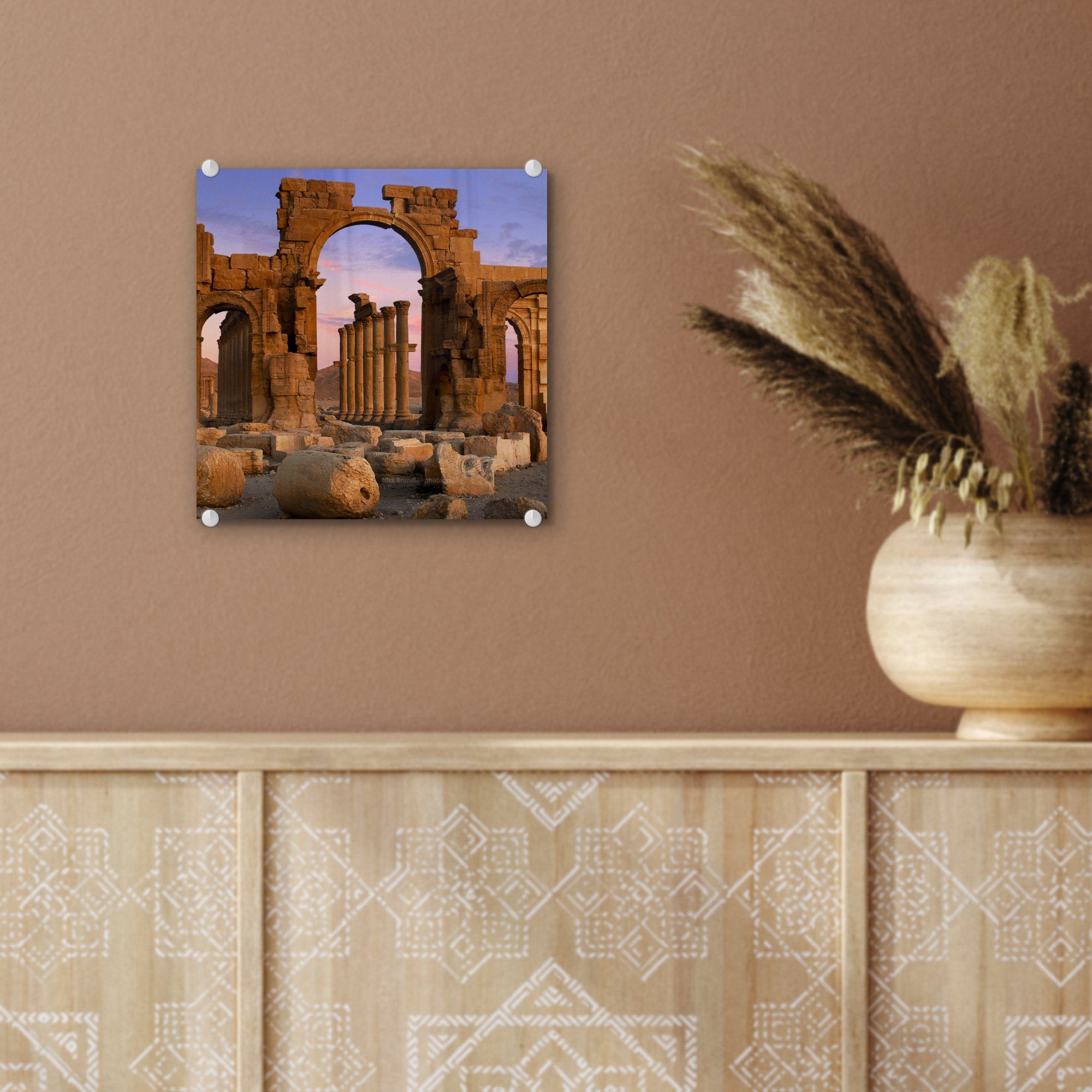 Glasbilder St), - Glas - auf Triumphbögen - auf Acrylglasbild Foto MuchoWow antiken Wanddekoration Wandbild Bilder (1 Glas Syrien, in an Sonnenuntergang den