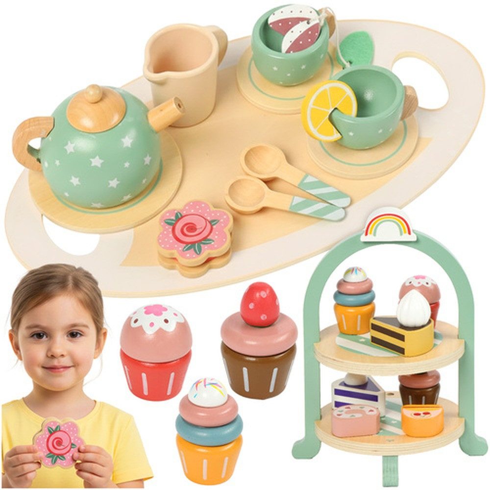 KRUZZEL Teeservice Kinderspielset Tortenständer, 2 Personen, Holz, Unterstützt Feinmotorik, Hand-Auge-Koordination