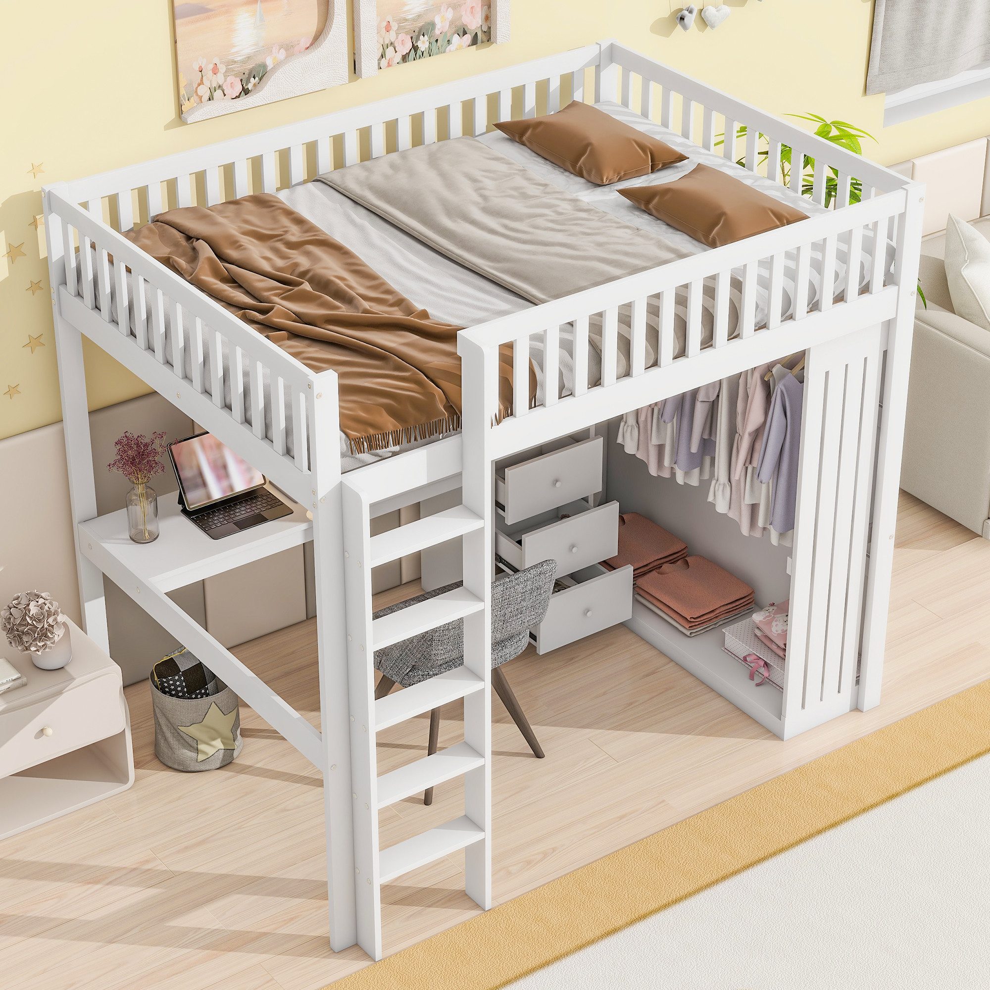 MODFU Hochbett Funktionsbett,Kinderbett,mit Schreibtisch (Hochbett mit Schr günstig online kaufen