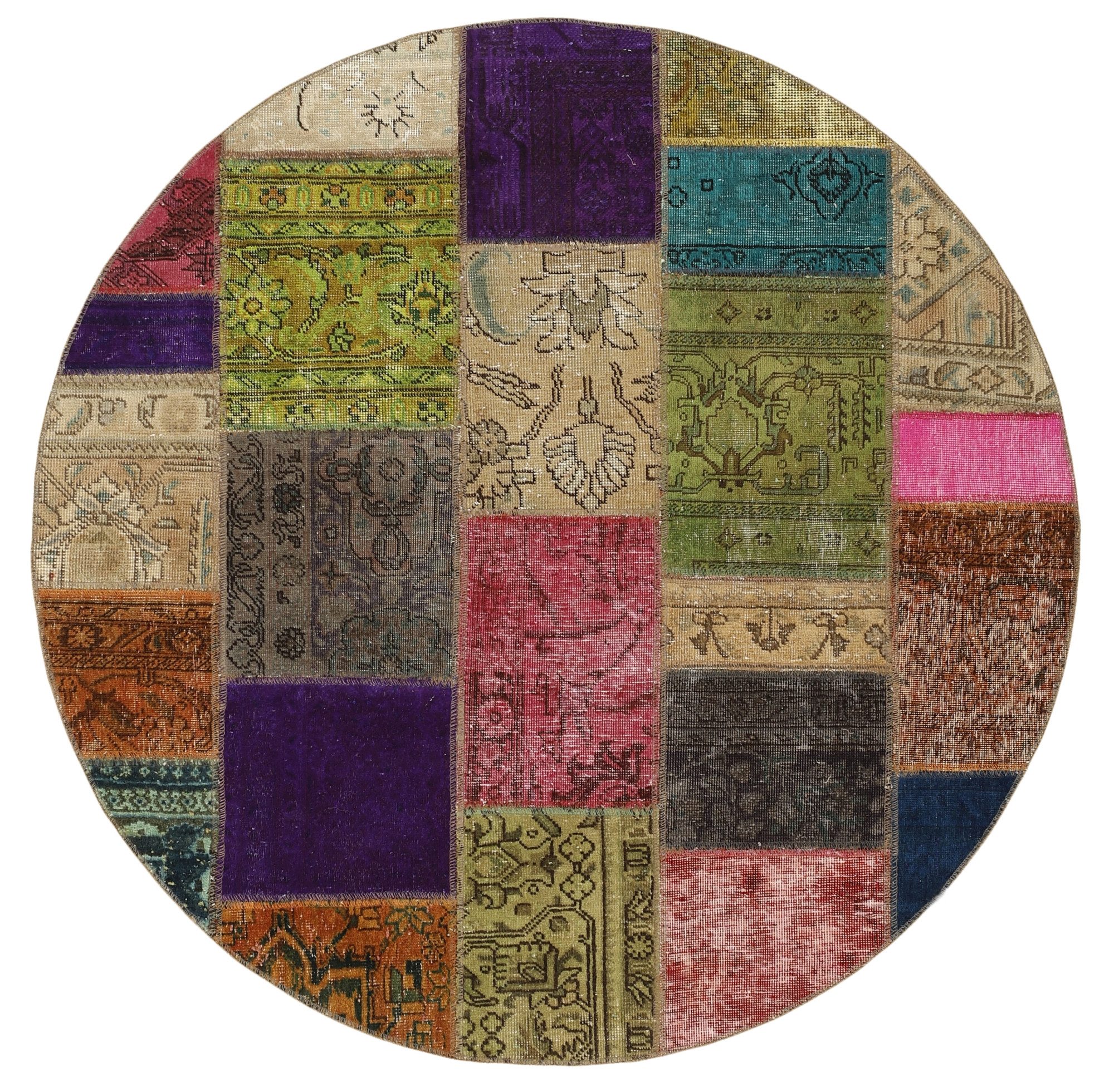 Wohnando Teppich MY-RUG Vintage Patch Work Floral & Ornamentiert 150x150cm, Rund, Höhe: 10 mm, Handgeknüpfter Teppich,Handgesponnene Wolle, mit Naturfarben gegärbt
