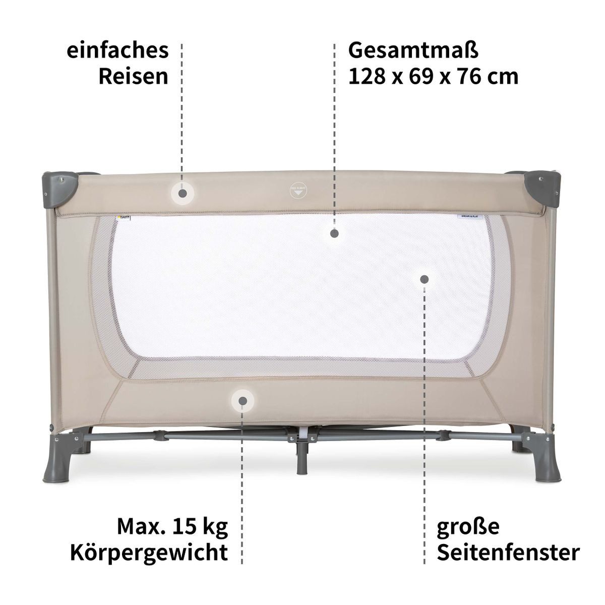 Hauck Baby-Reisebett Dream'n Play - Beige, Kinder Reisebett - faltbares Babyreisebett 120x60 mit Tasche