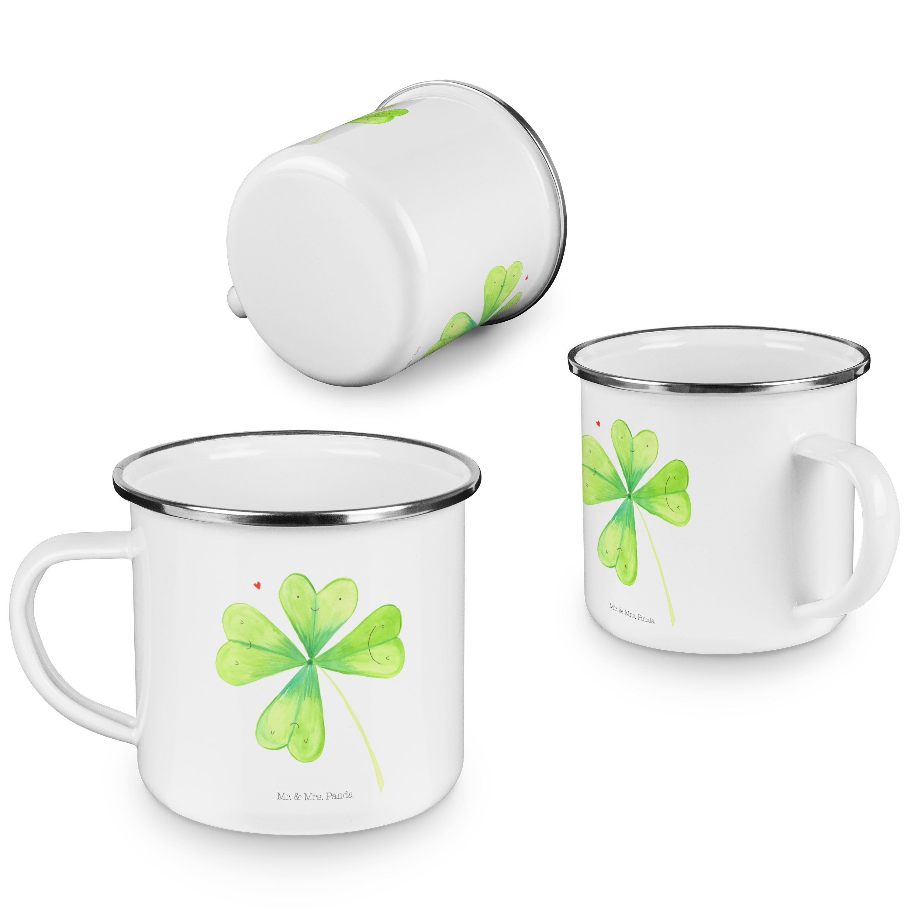 Mr. & Mrs. - Becher Kleeblatt - Weiß Tasse für M, Emaille Camping, Panda Camping Metalltasse Geschenk